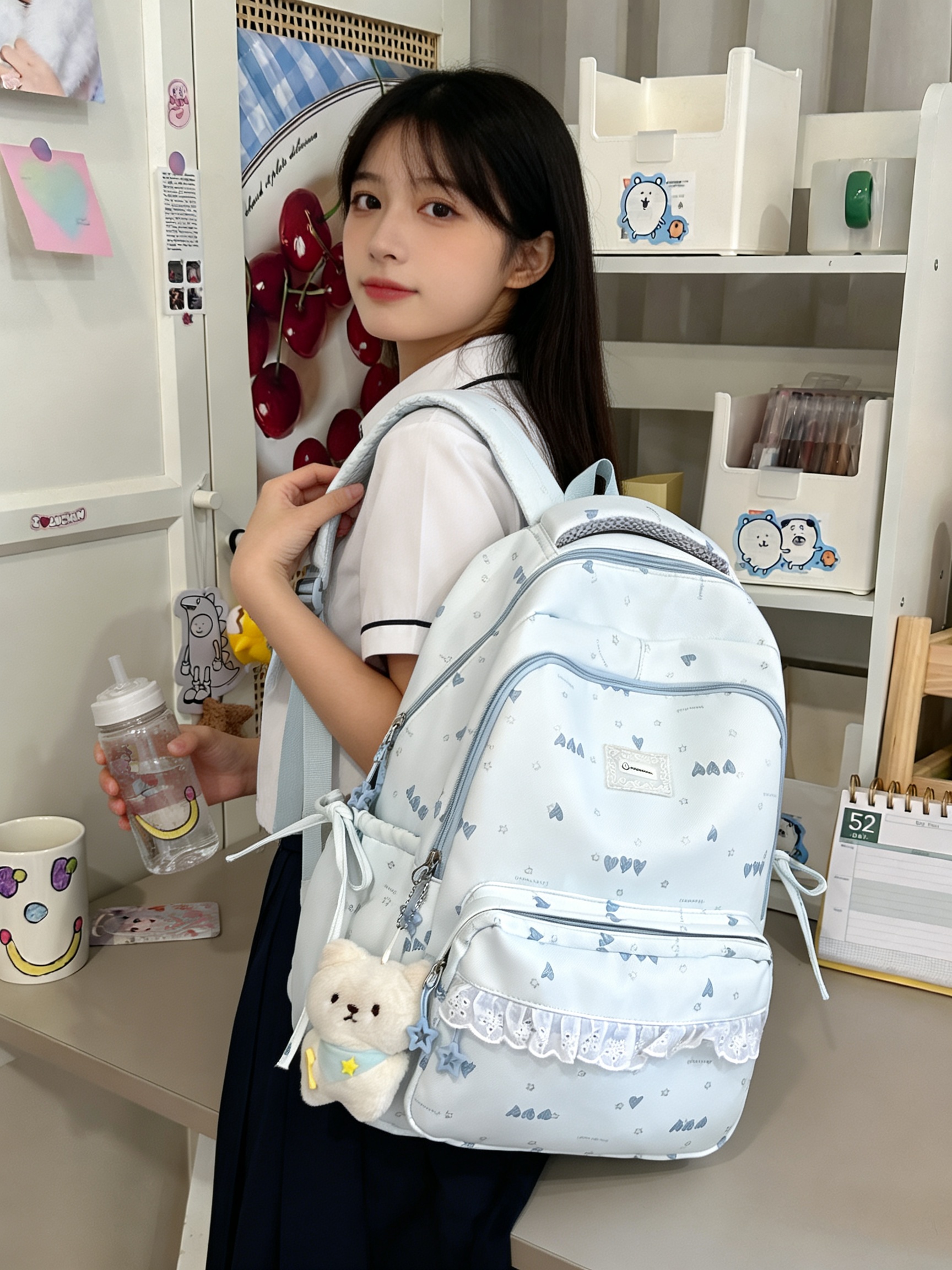 Blue Heart Print Backpack with Lace Trim