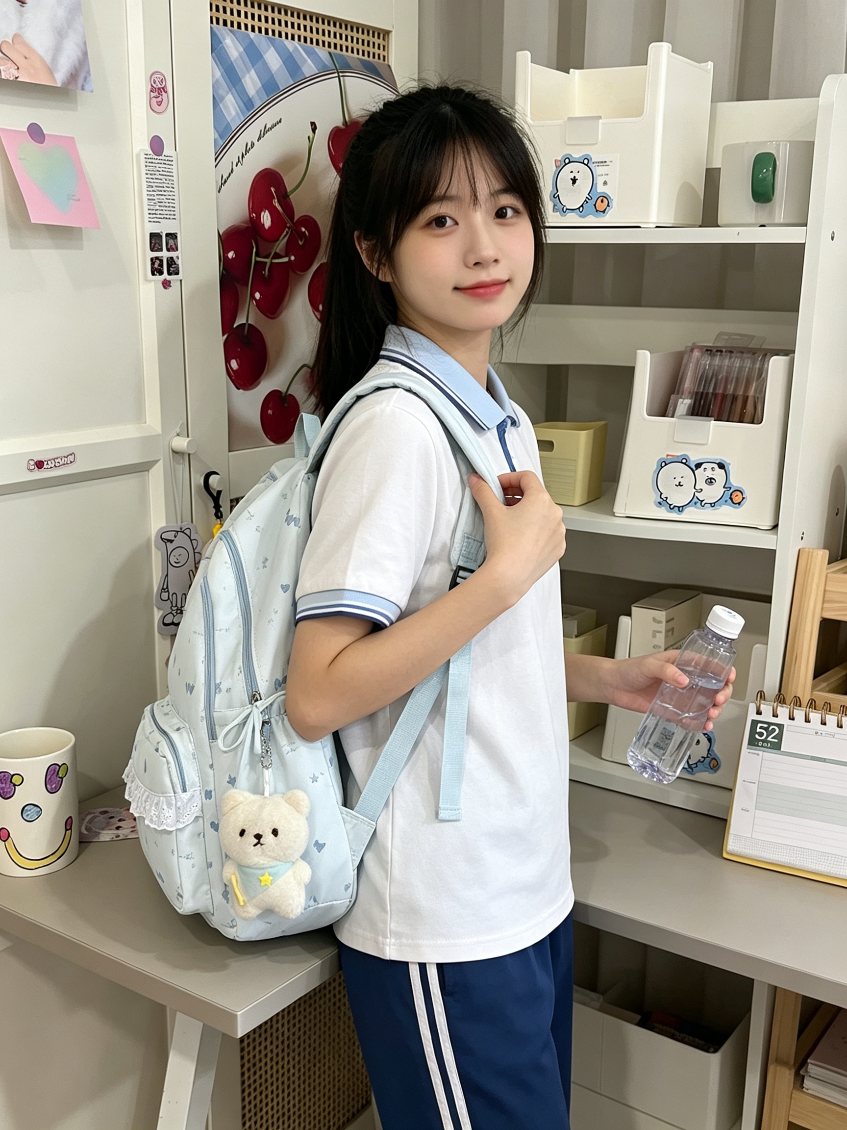 Blue Heart Print Backpack with Lace Trim