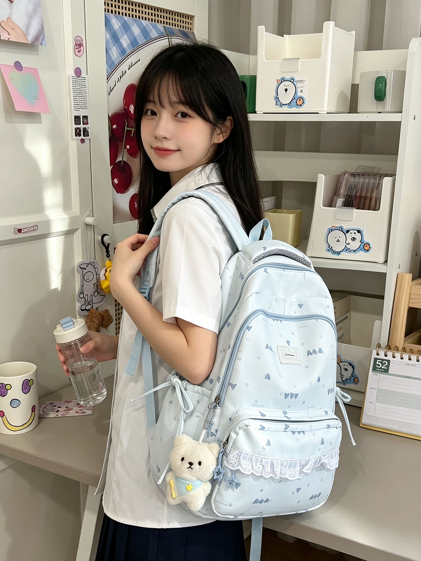 Blue Heart Print Backpack with Lace Trim