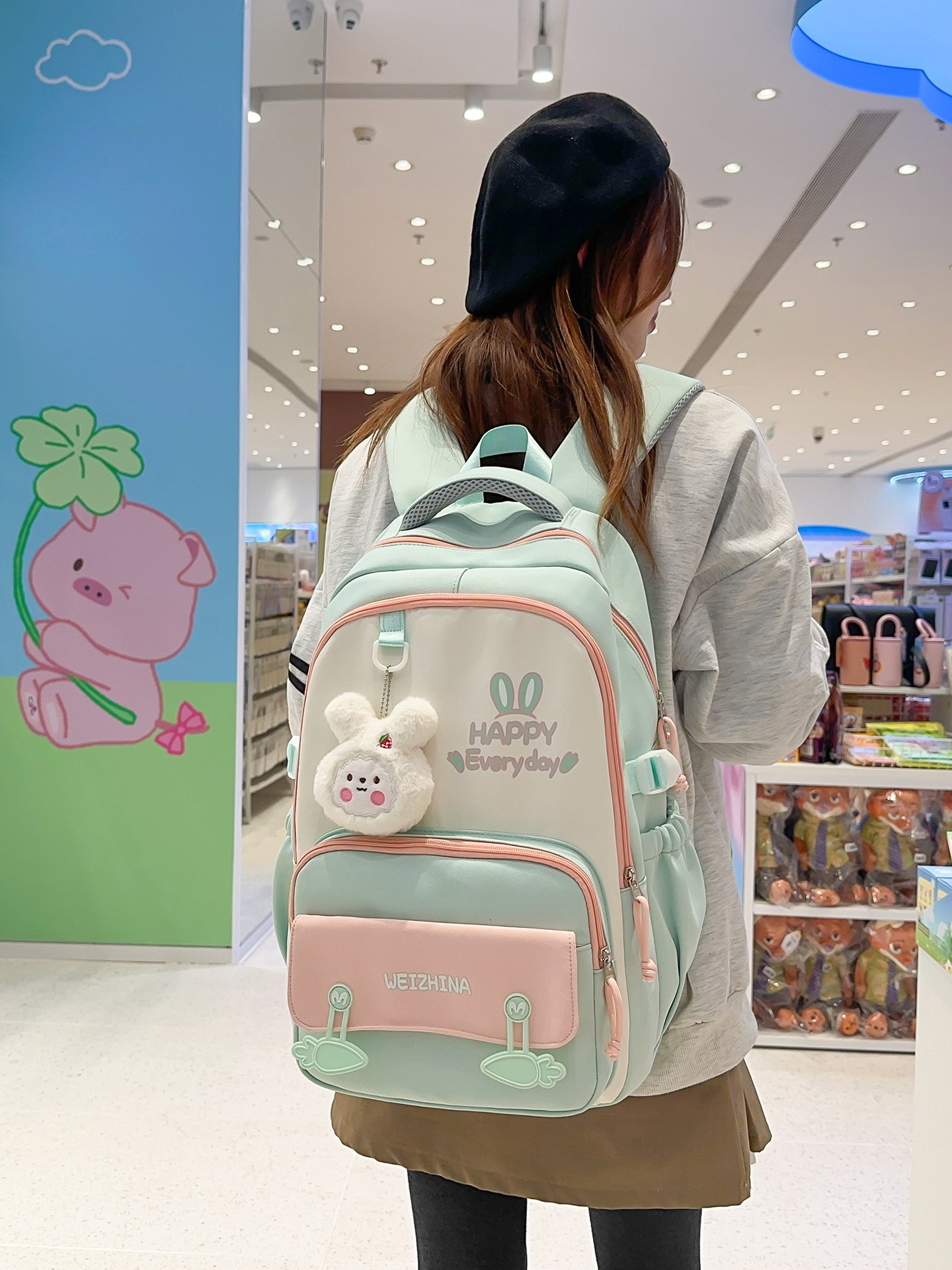 Green Backpack with Bunny Charm