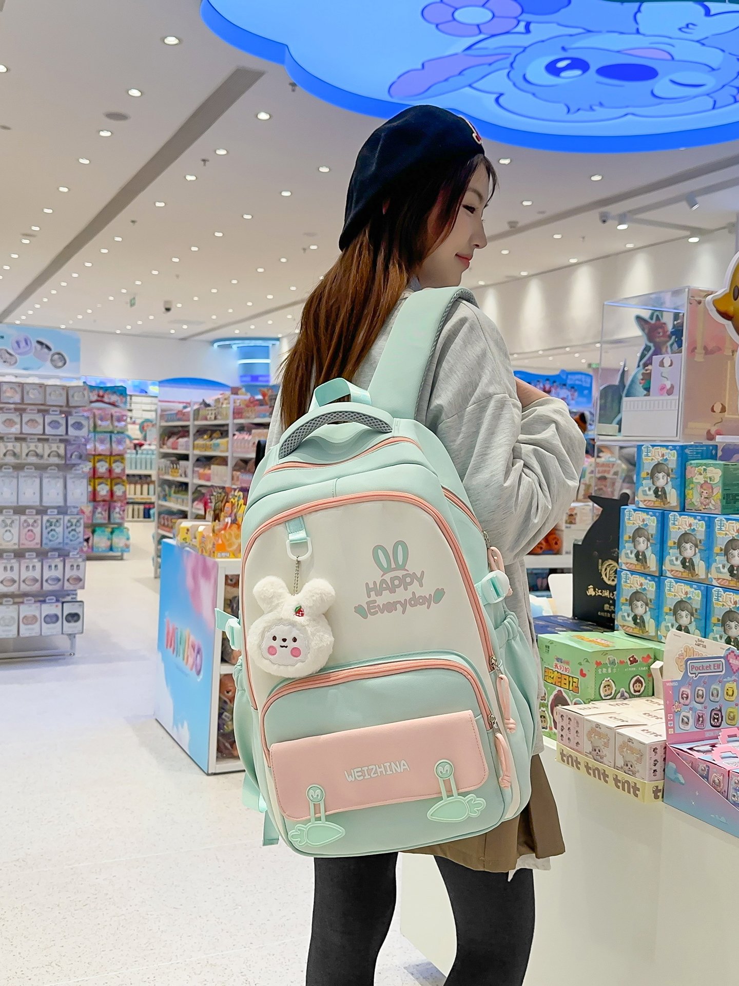 Green Backpack with Bunny Charm