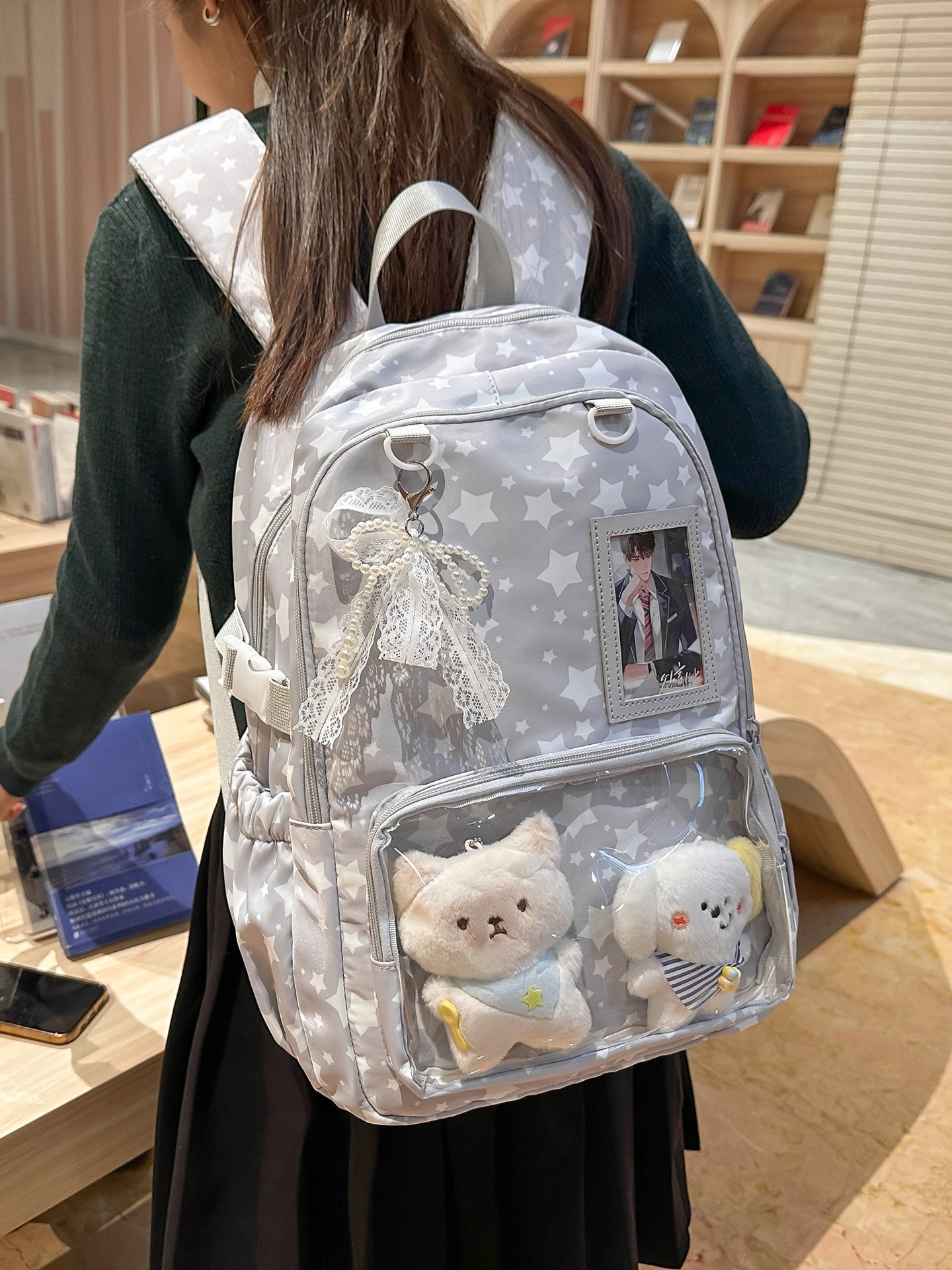 Grey Star-Print Backpack with Display Pocket