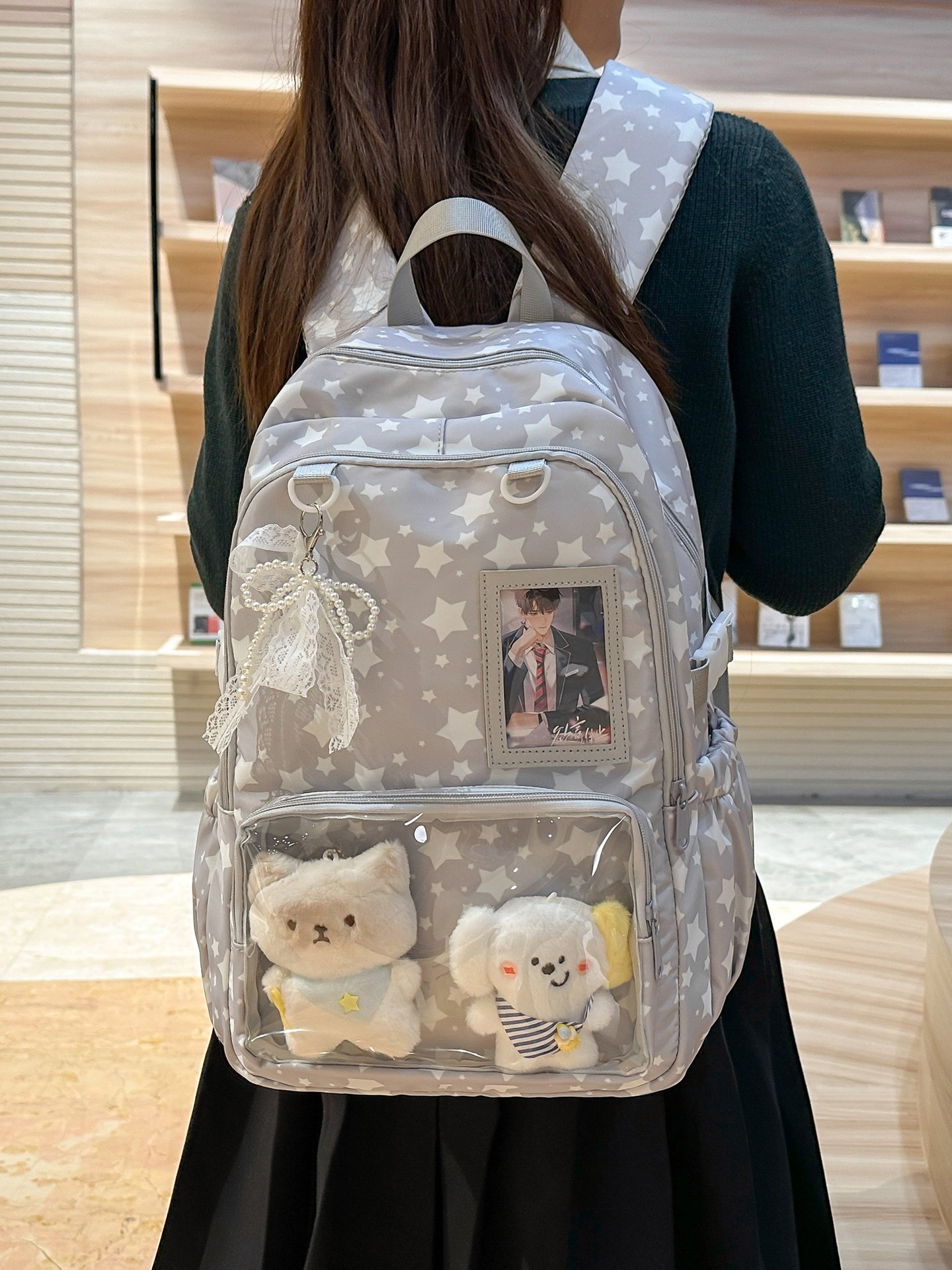 Grey Star-Print Backpack with Display Pocket