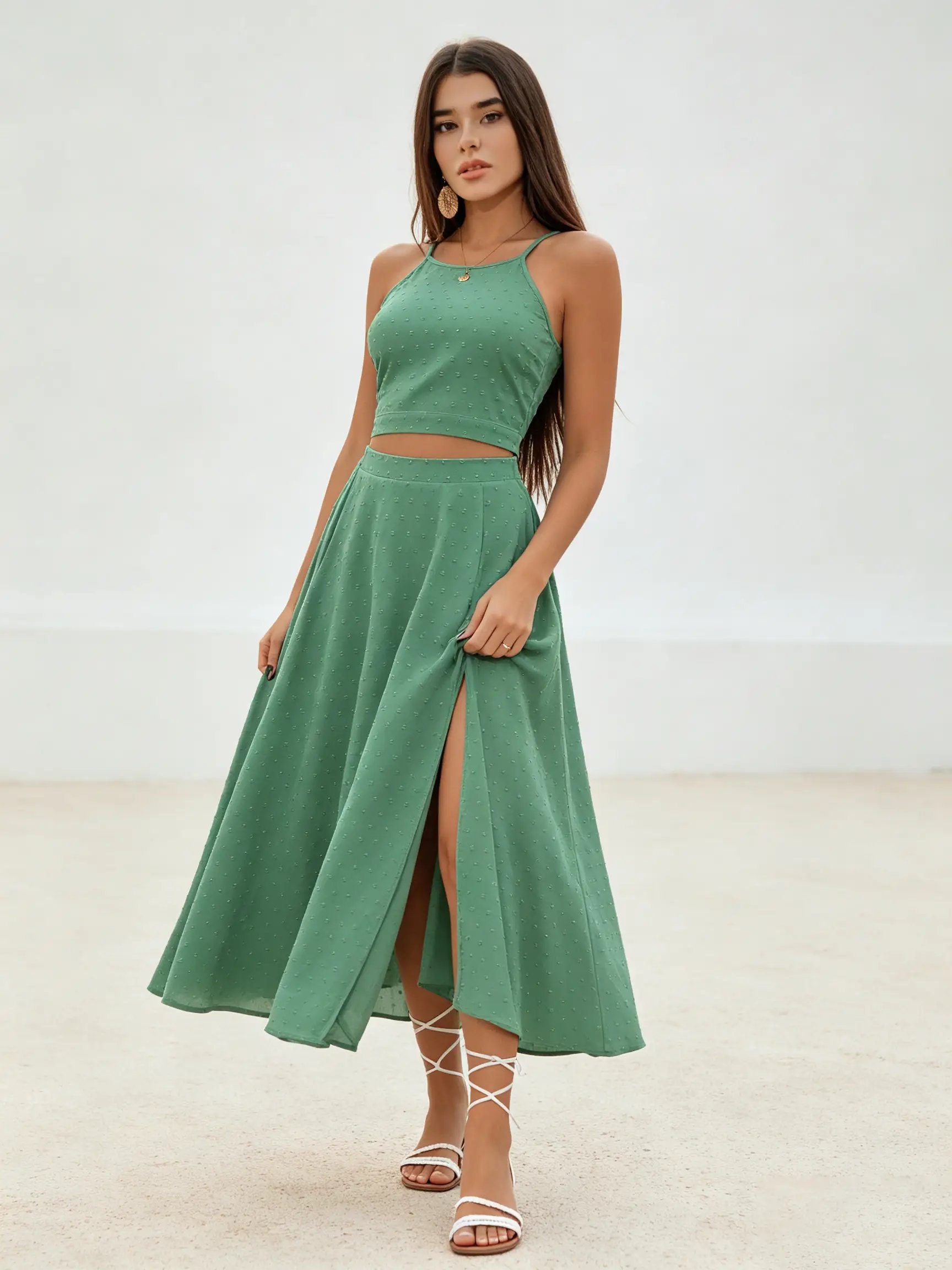 Green Swiss Dot Crop Top and High-Slit Midi Skirt Set