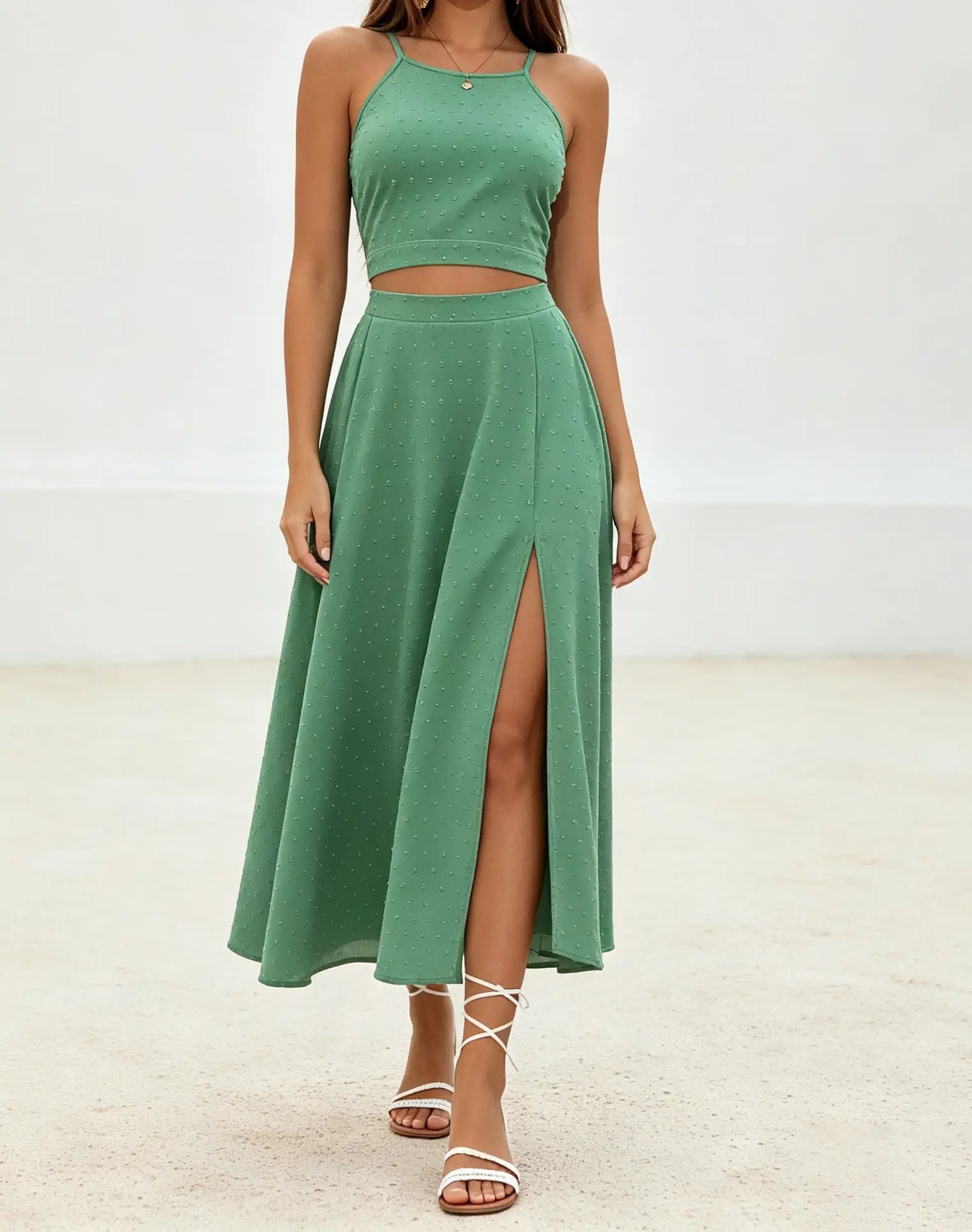 Green Swiss Dot Crop Top and High-Slit Midi Skirt Set