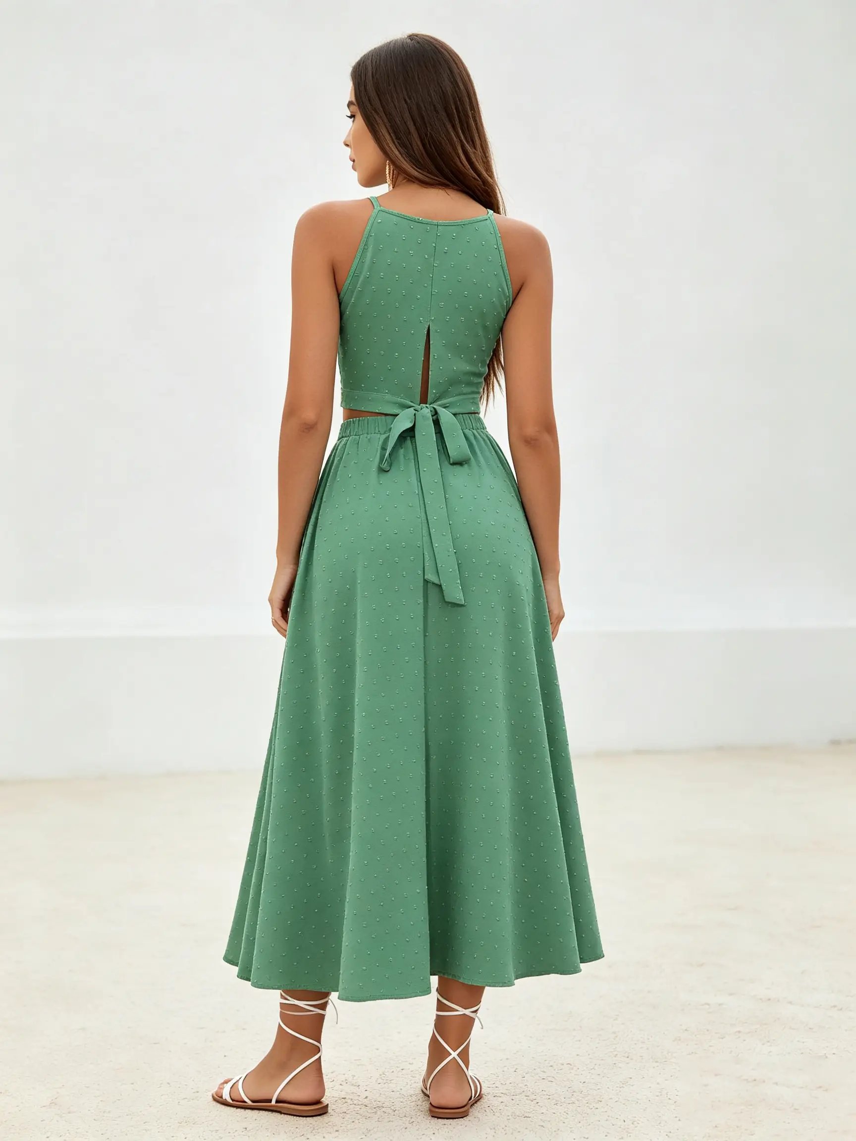 Green Swiss Dot Crop Top and High-Slit Midi Skirt Set