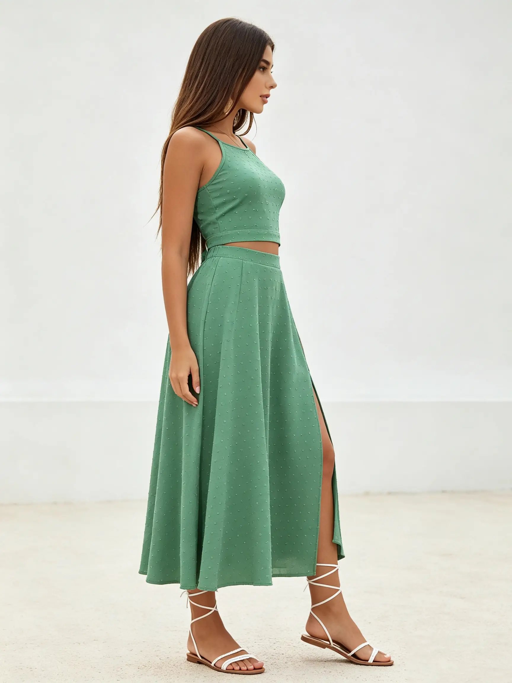 Green Swiss Dot Crop Top and High-Slit Midi Skirt Set