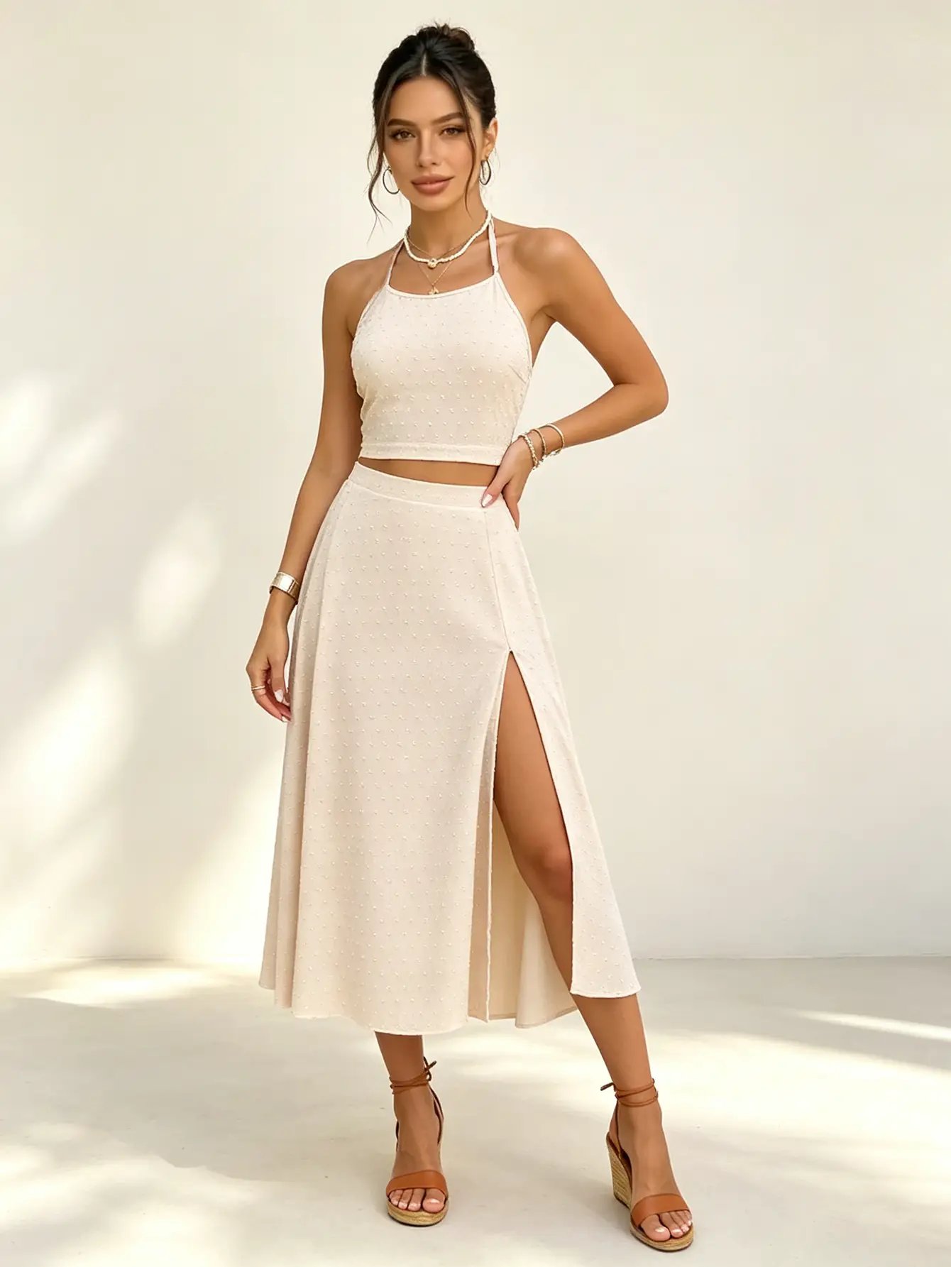 Beige Dotted Halter Crop Top and Slit Midi Skirt Set