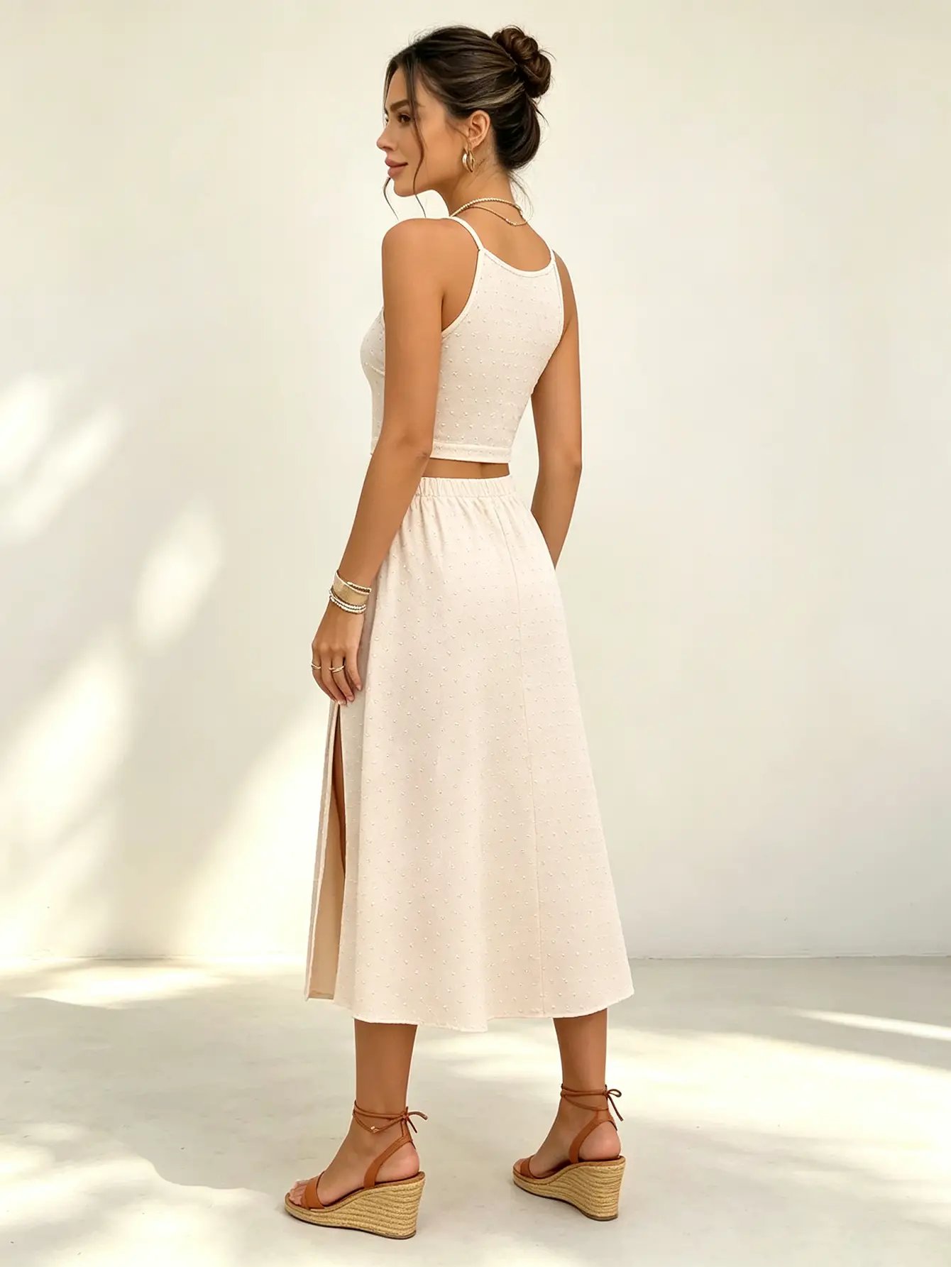 Beige Dotted Halter Crop Top and Slit Midi Skirt Set