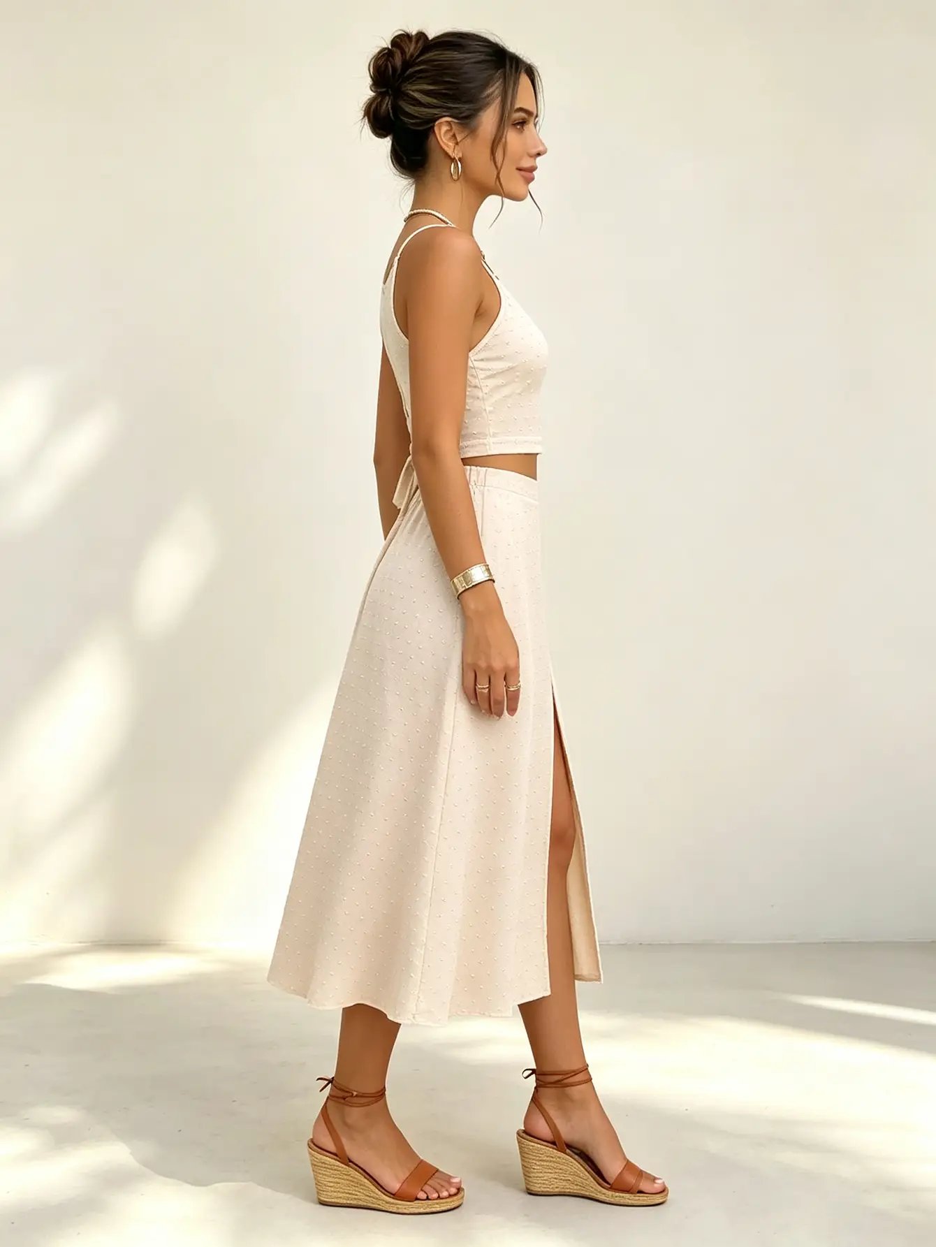 Beige Dotted Halter Crop Top and Slit Midi Skirt Set