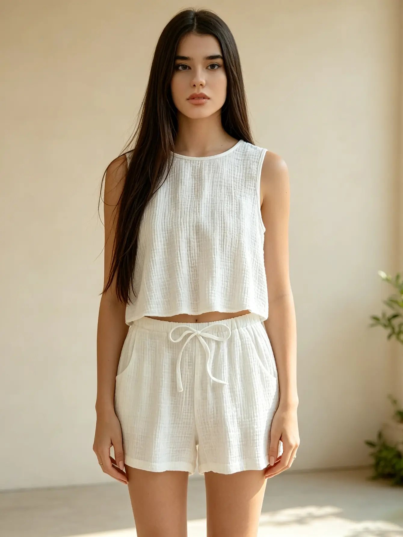 White Crinkled Cotton Tank Top and Drawstring Shorts Set