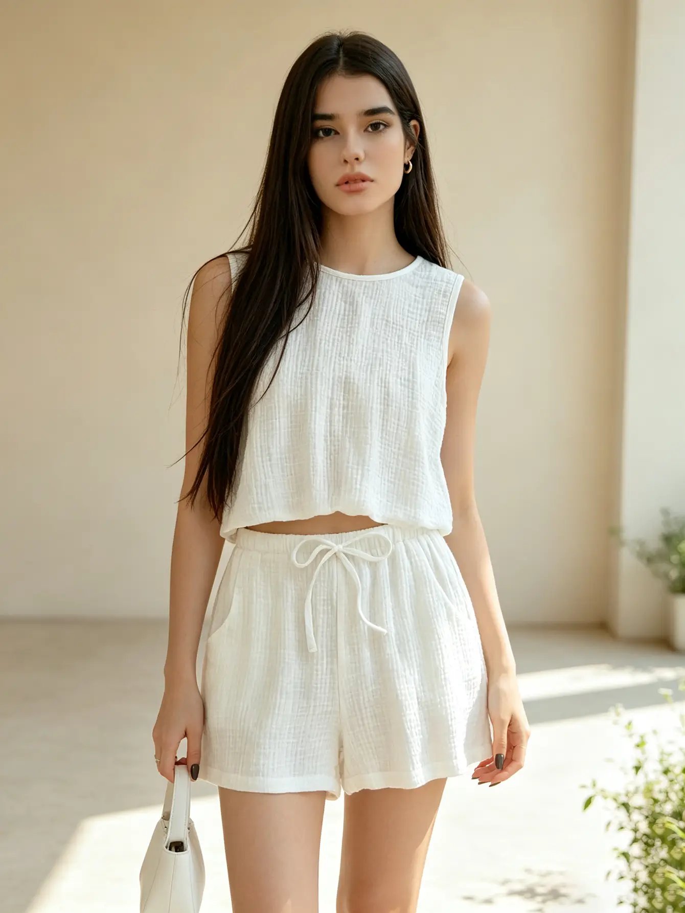 White Crinkled Cotton Tank Top and Drawstring Shorts Set