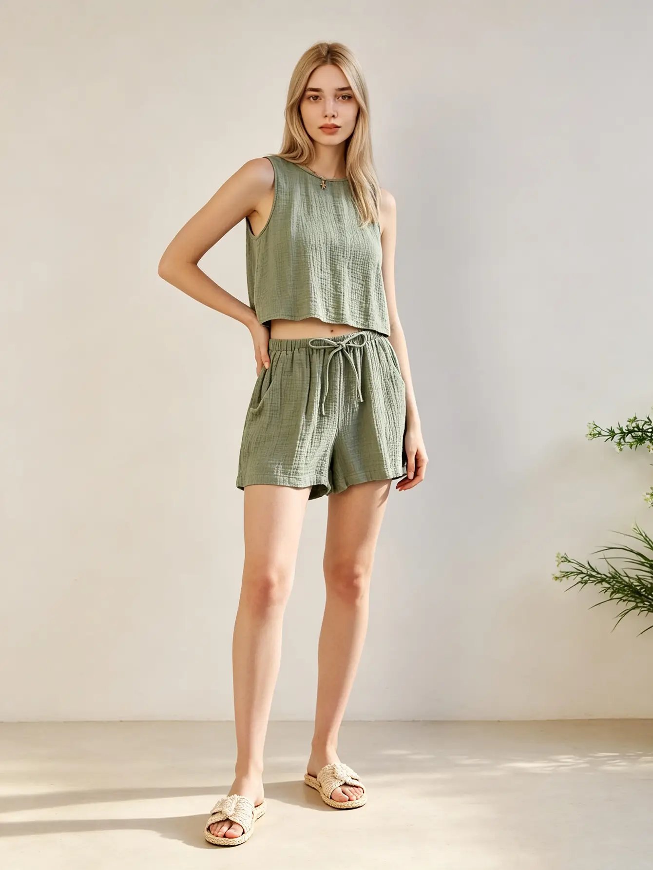Green Tank Top and Shorts Co-Ord Set