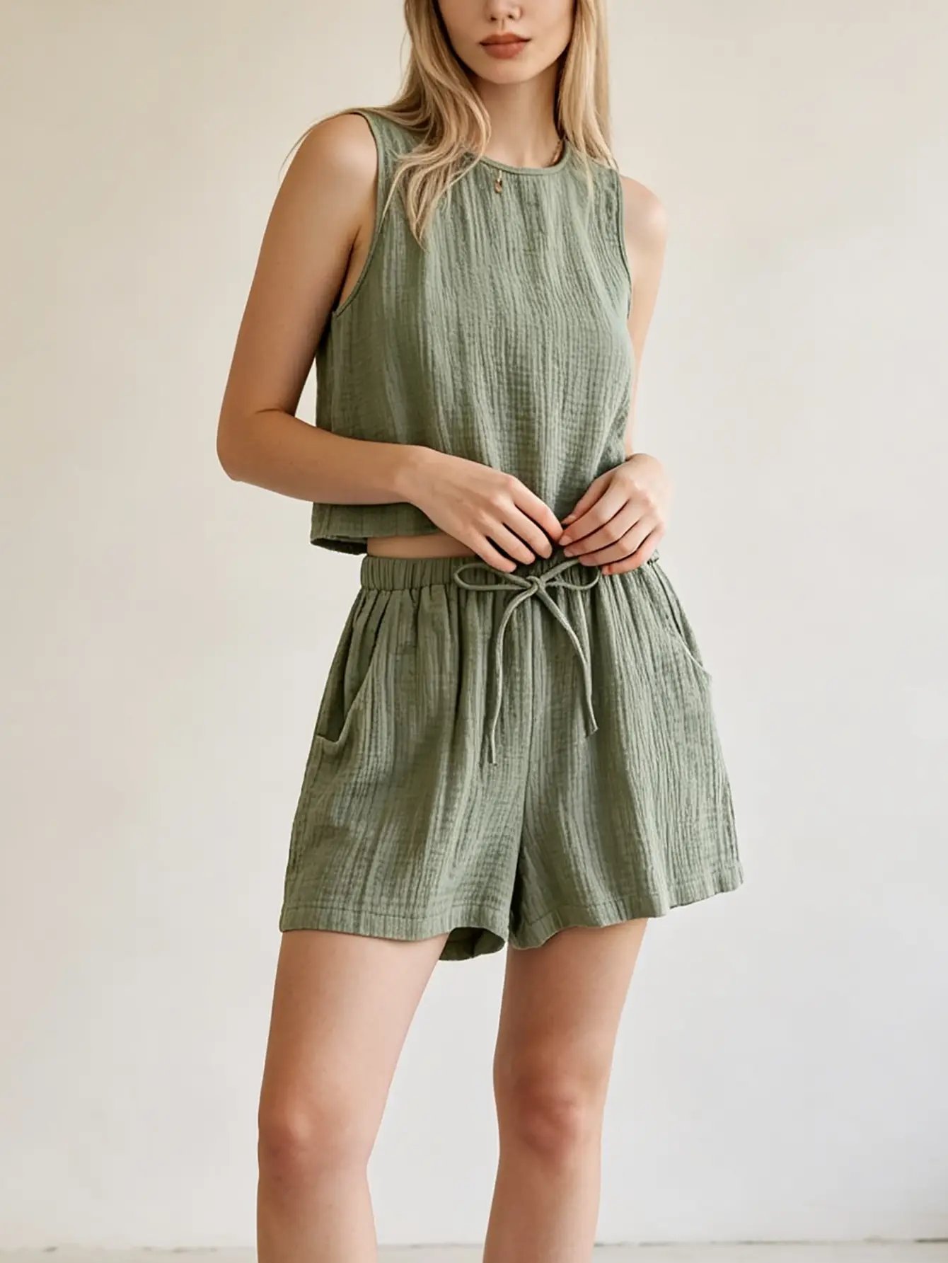 Green Tank Top and Shorts Co-Ord Set