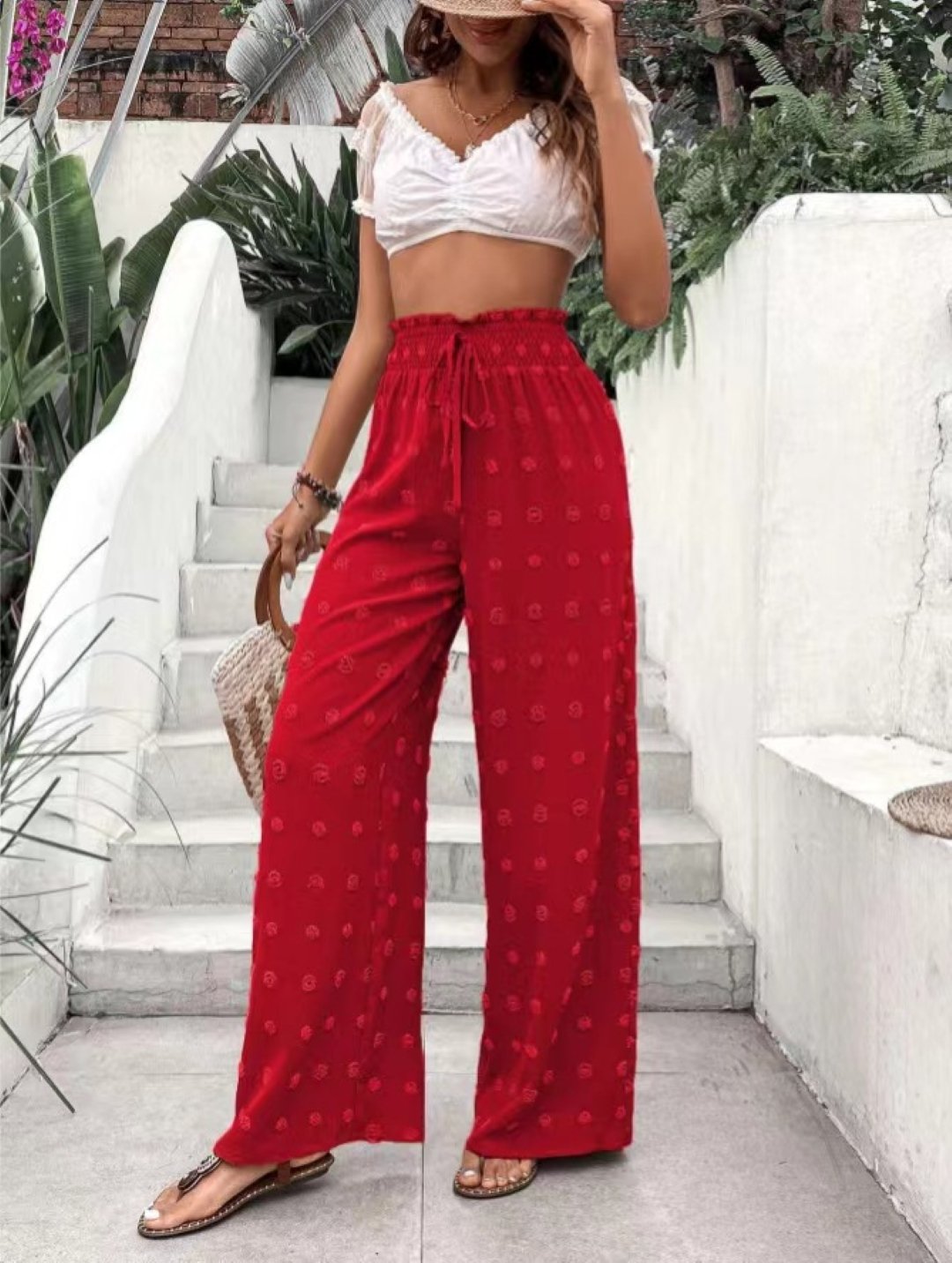 Red Embroidered High-Rise Wide-Leg Palazzo Pants