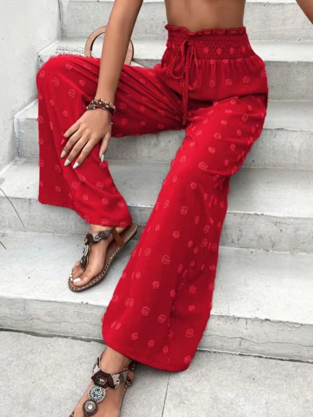 Red Embroidered High-Rise Wide-Leg Palazzo Pants