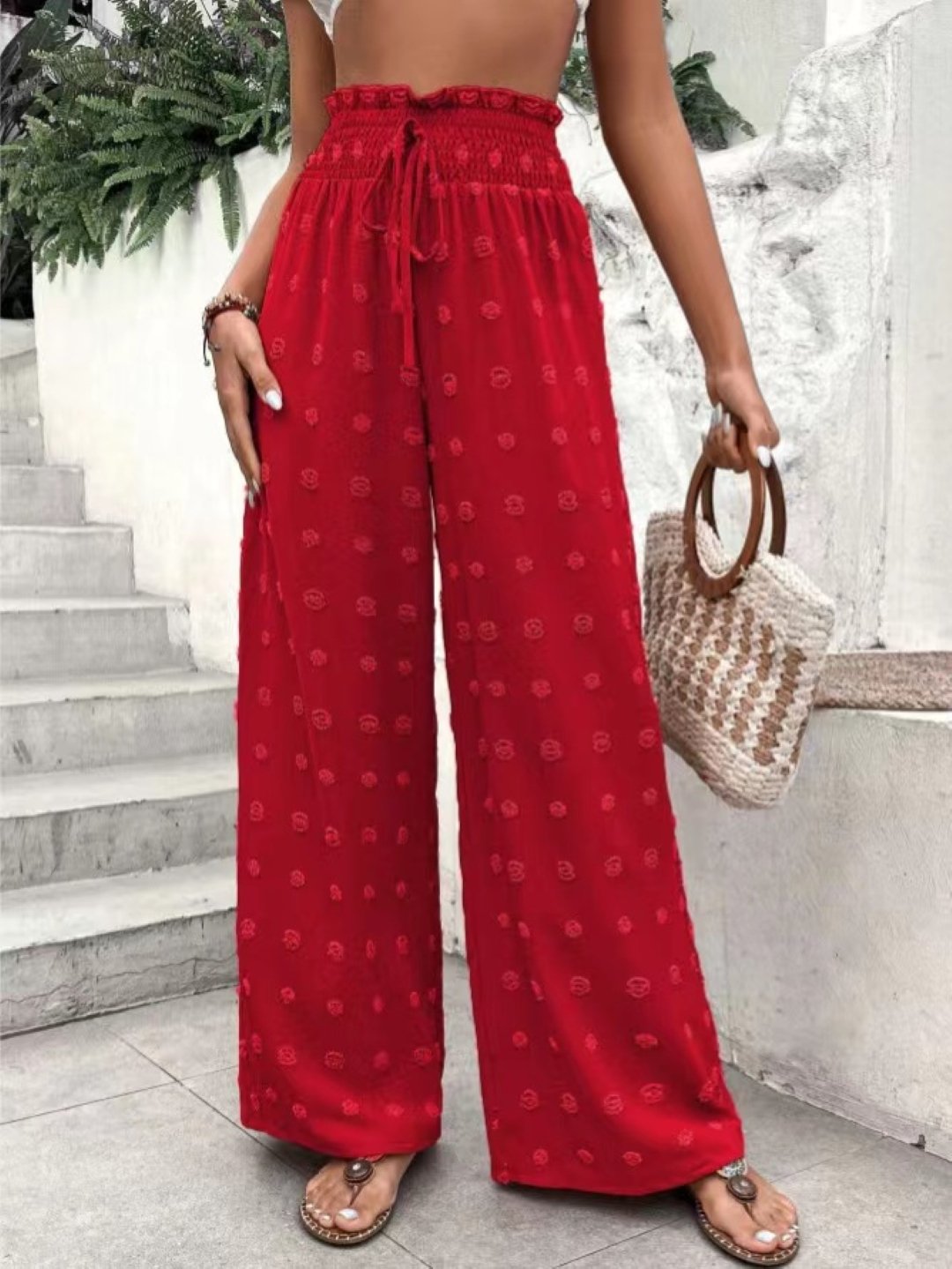 Red Embroidered High-Rise Wide-Leg Palazzo Pants