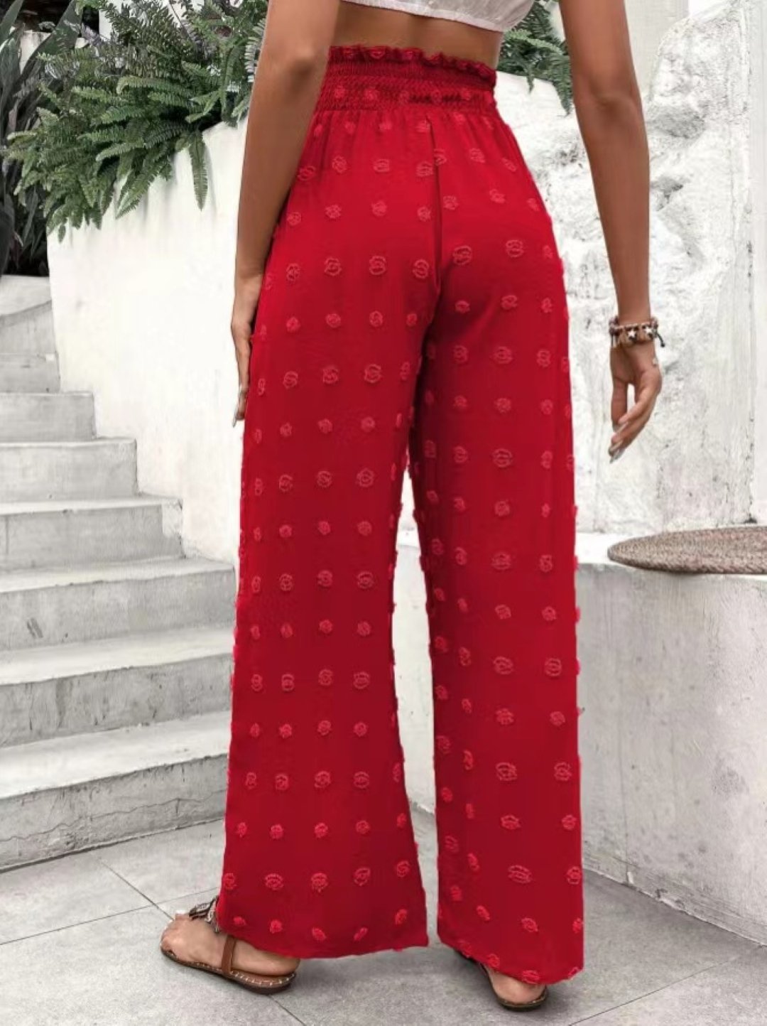 Red Embroidered High-Rise Wide-Leg Palazzo Pants
