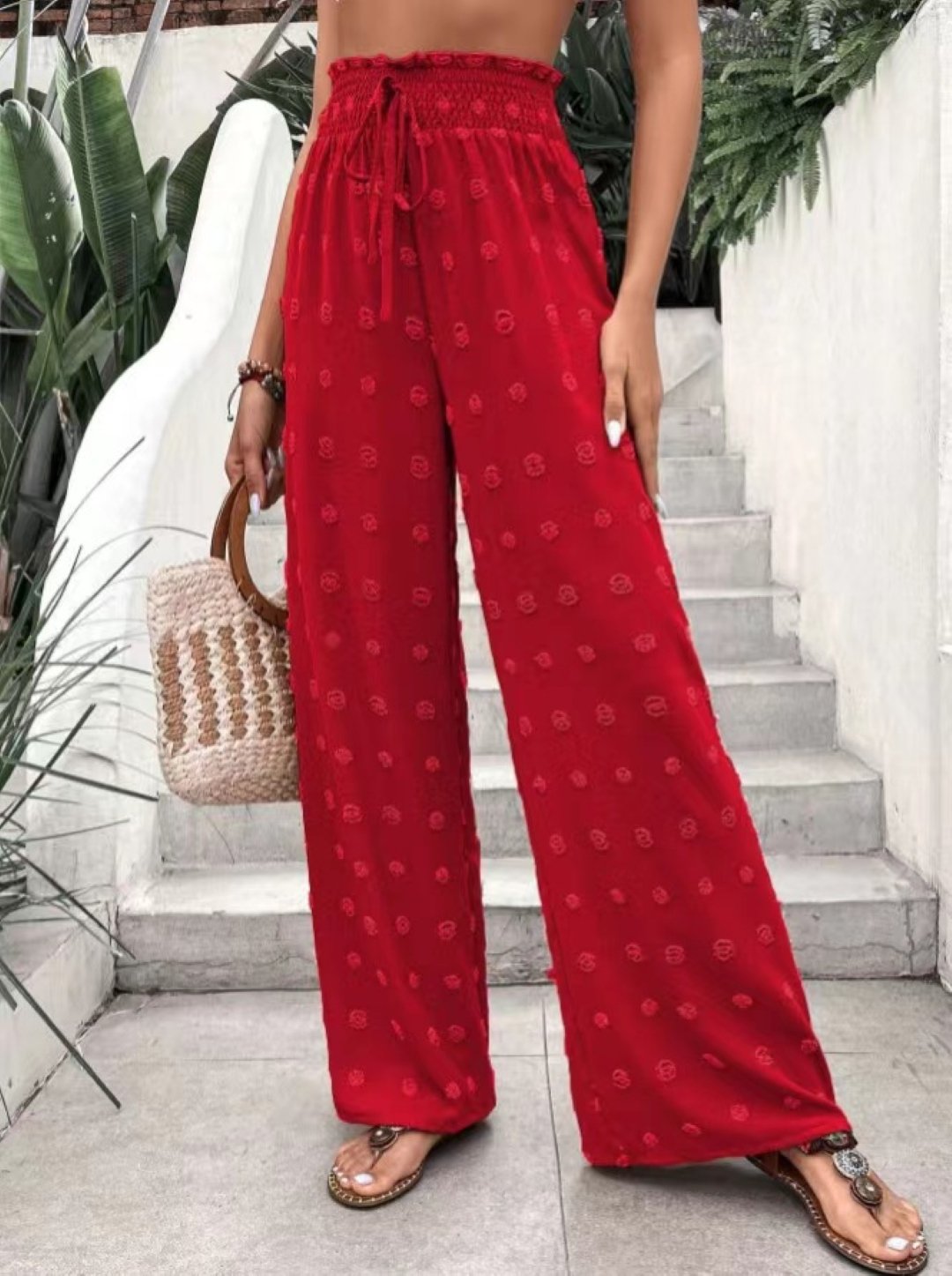 Red Embroidered High-Rise Wide-Leg Palazzo Pants