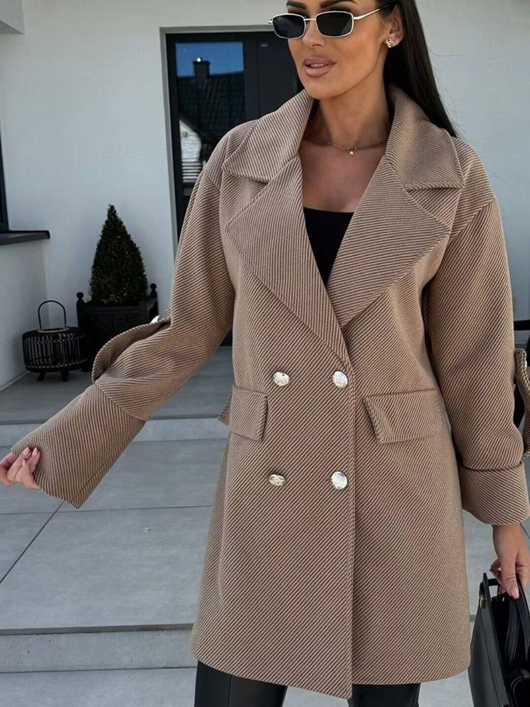 Khaki Double-Breasted Longline Coat