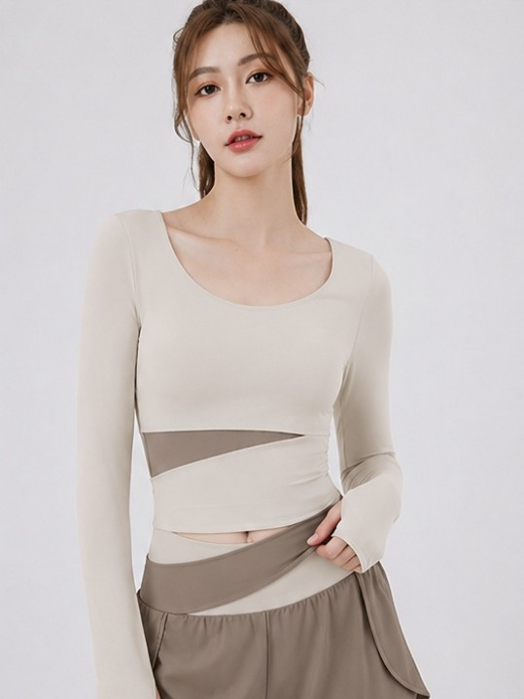 Khaki Sportswear Set - Long Sleeve Crop Top and Shorts