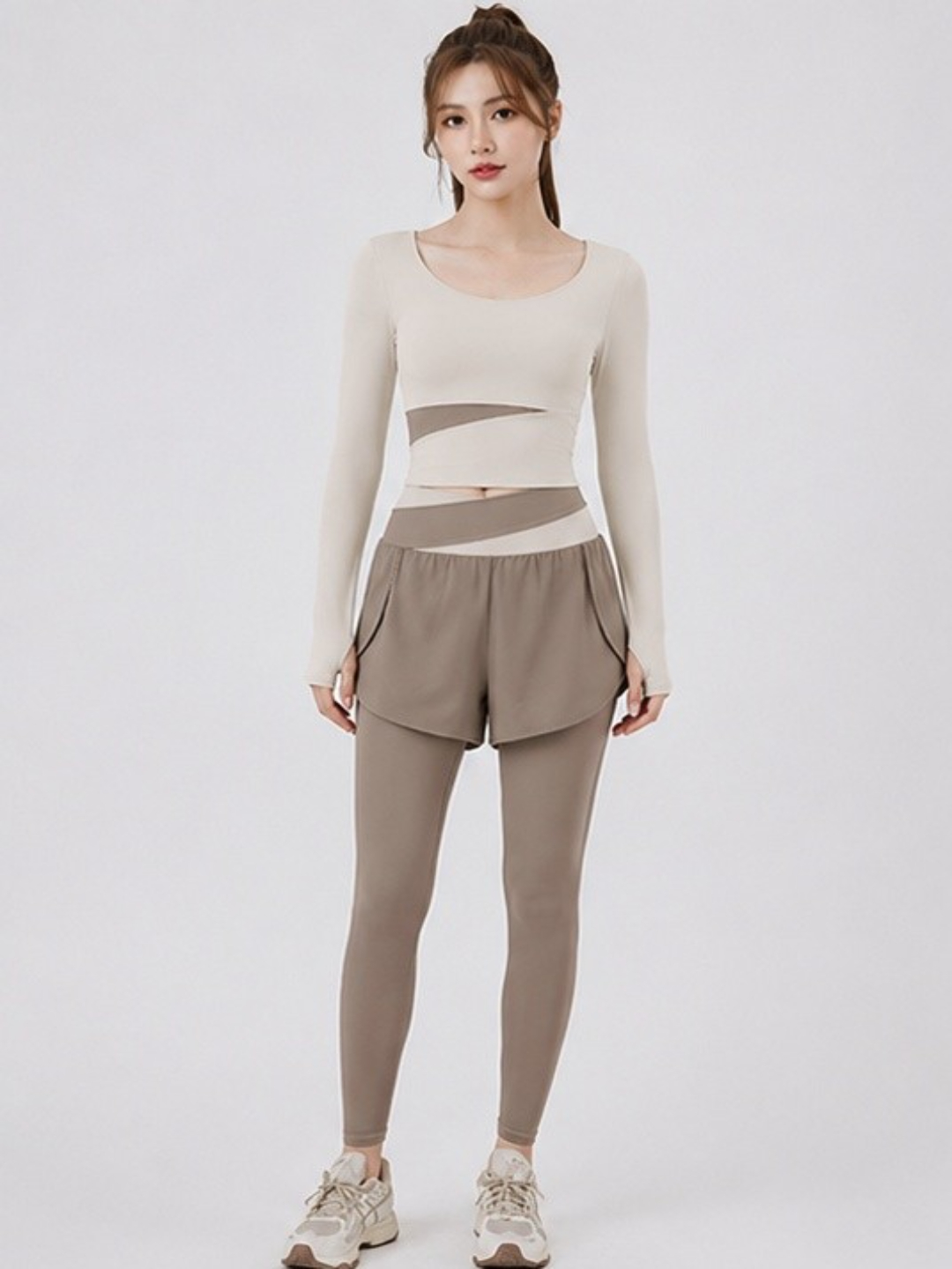 Khaki Sportswear Set - Long Sleeve Crop Top and Shorts