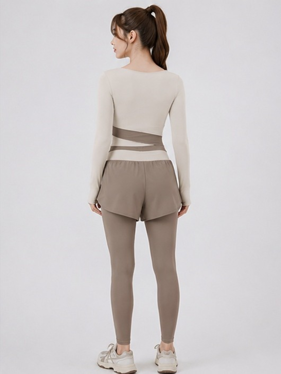 Khaki Sportswear Set - Long Sleeve Crop Top and Shorts