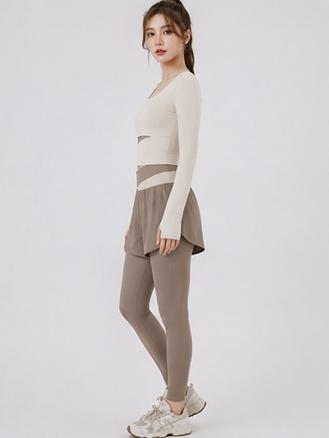 Khaki Sportswear Set - Long Sleeve Crop Top and Shorts