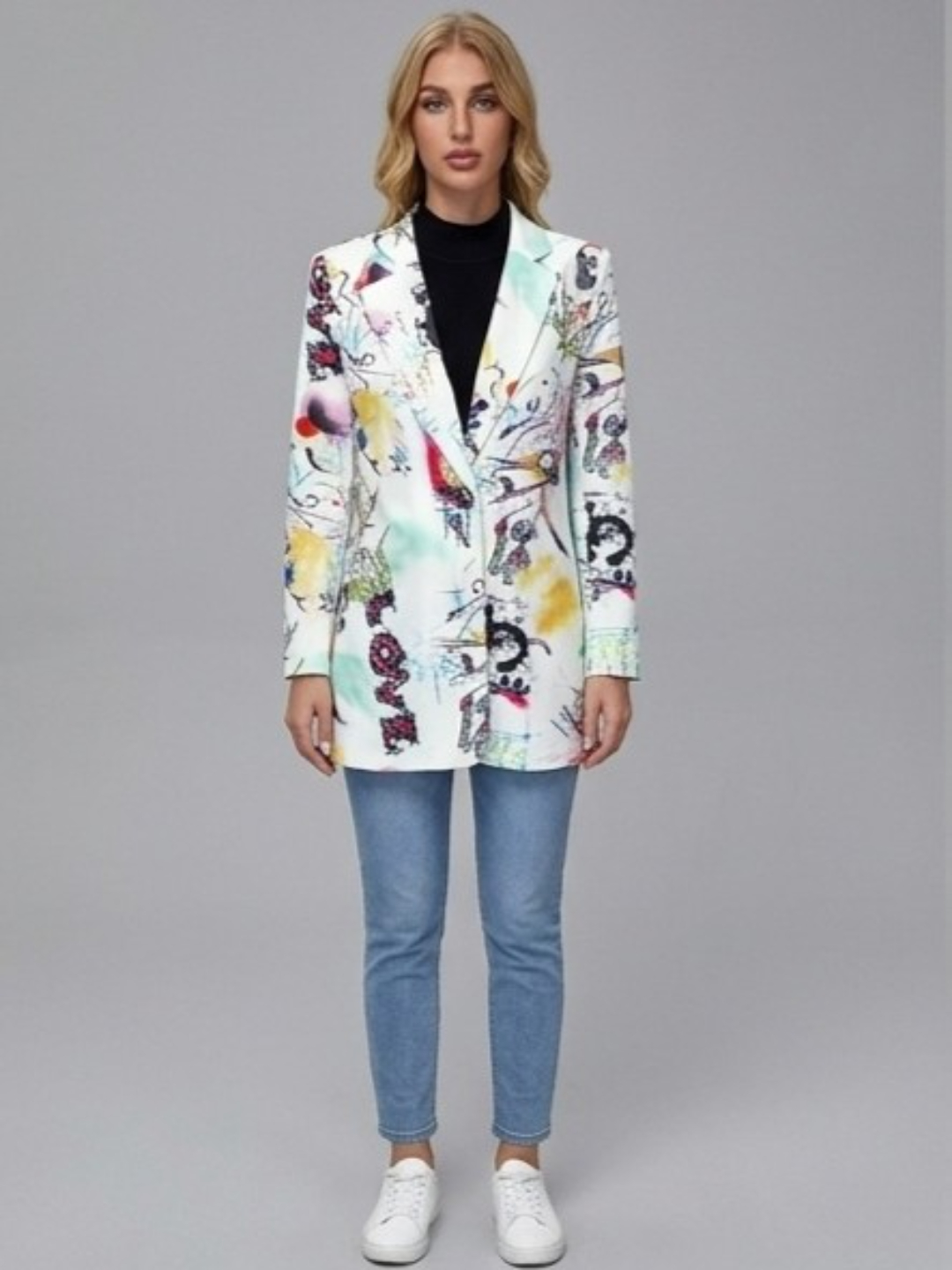 Multi-Color Printed Button Longline Blazer
