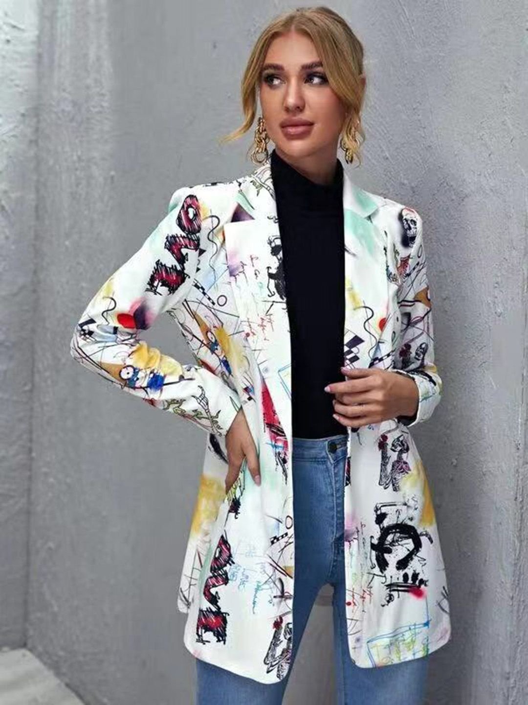 Multi-Color Printed Button Longline Blazer