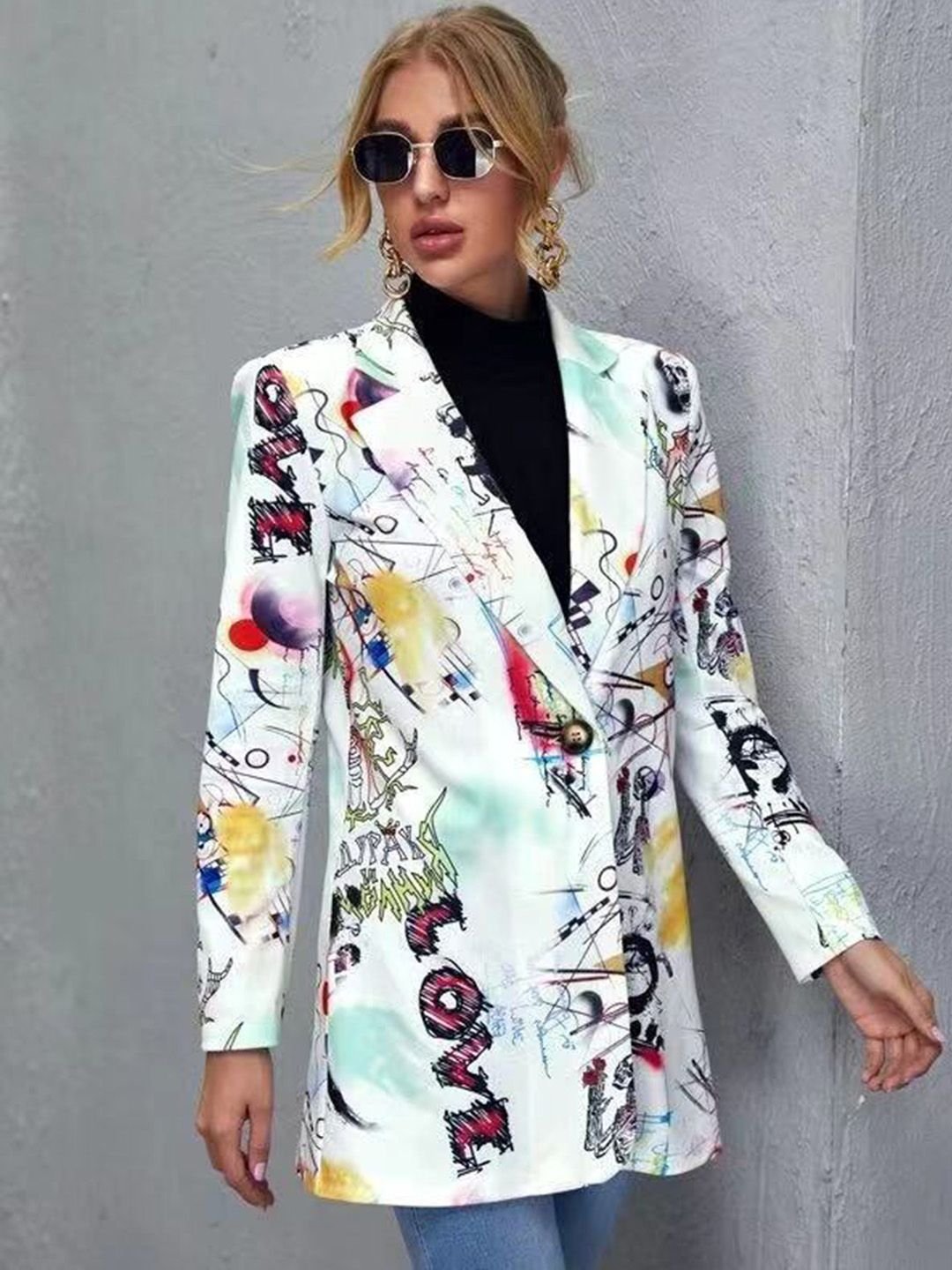 Multi-Color Printed Button Longline Blazer
