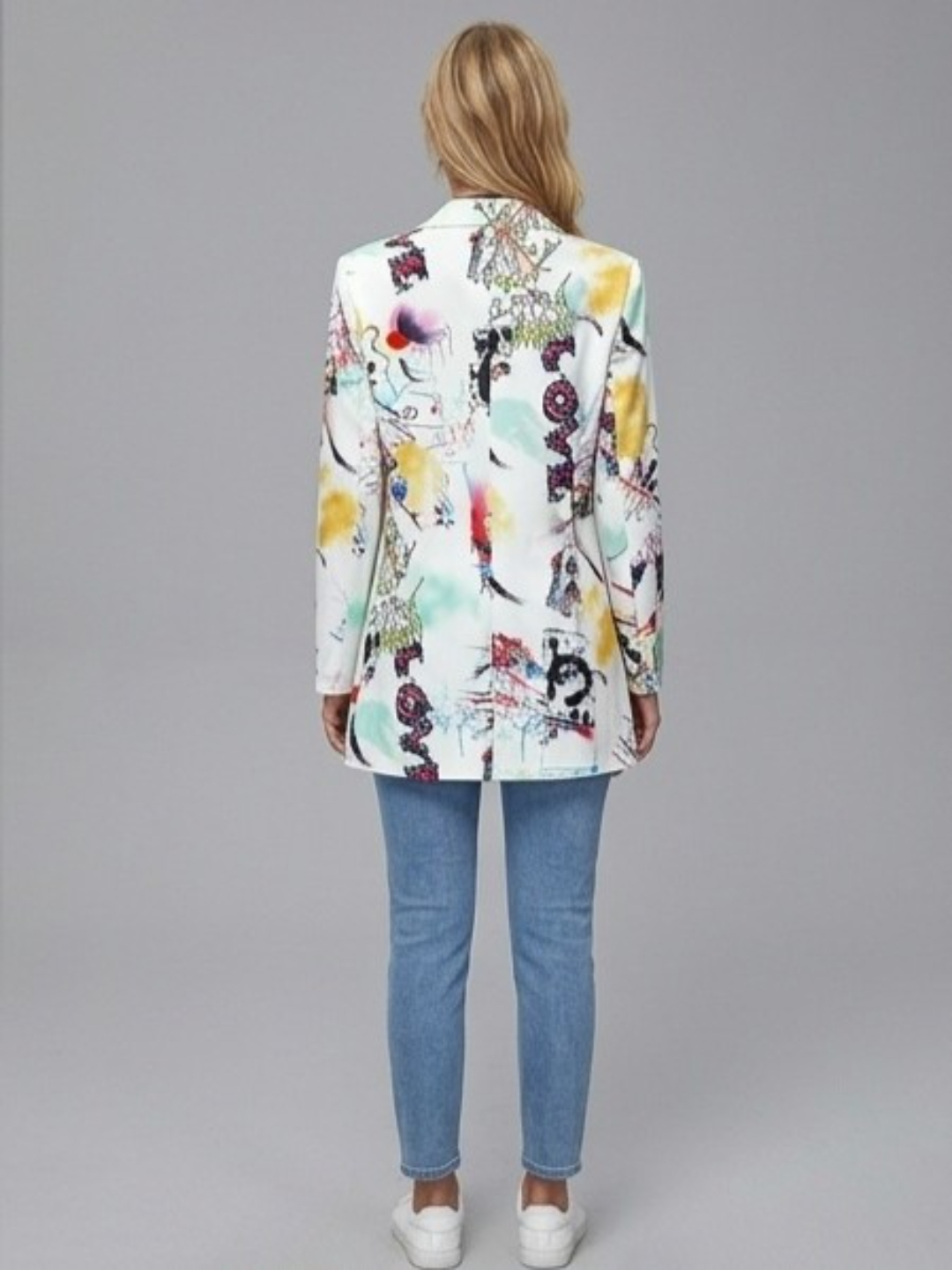 Multi-Color Printed Button Longline Blazer