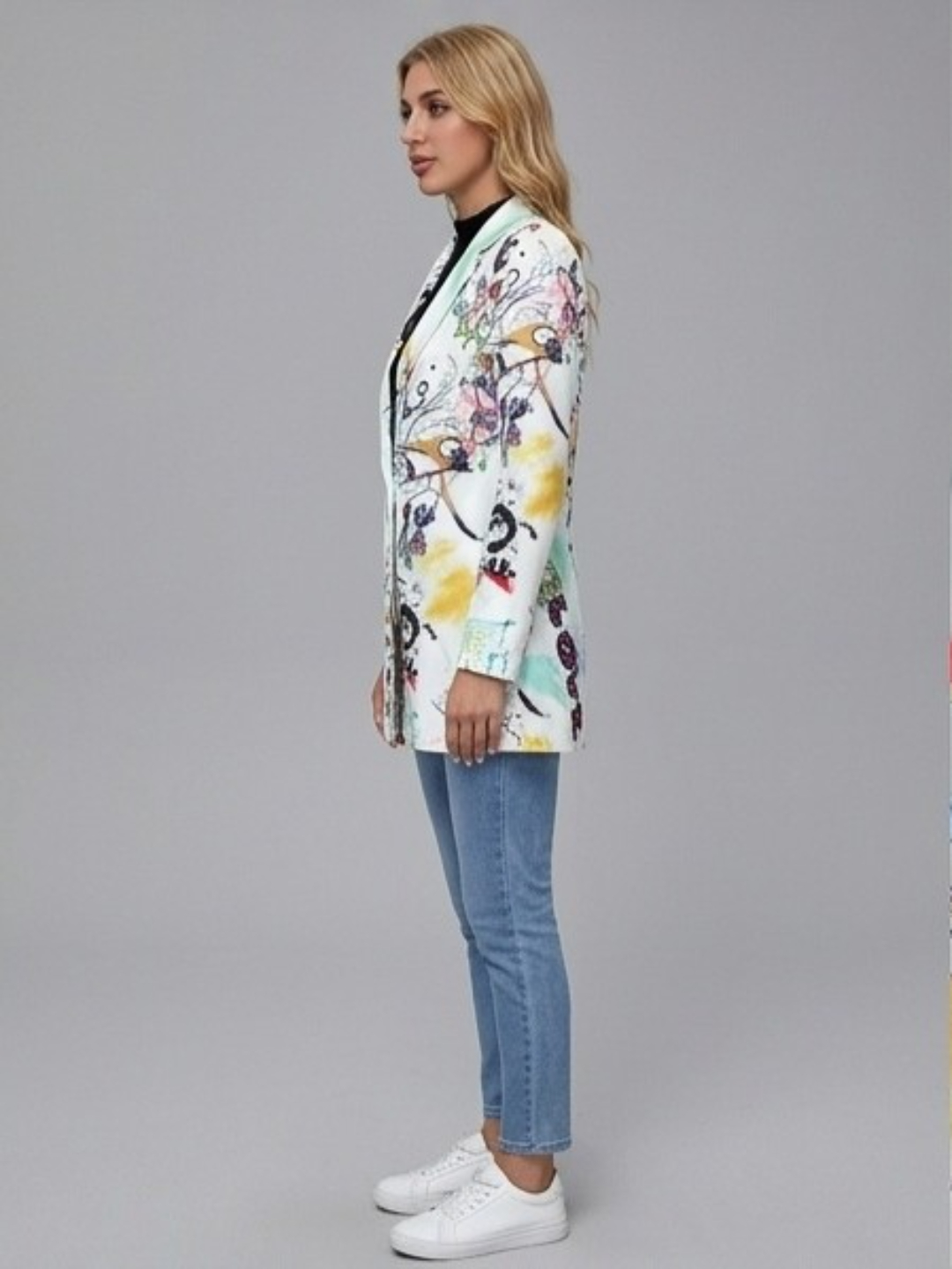 Multi-Color Printed Button Longline Blazer