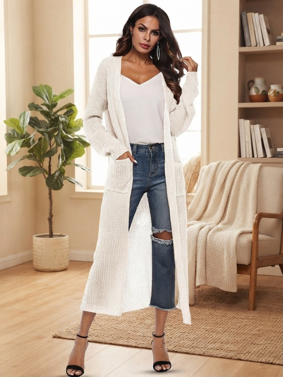 White Longline Knit Cardigan