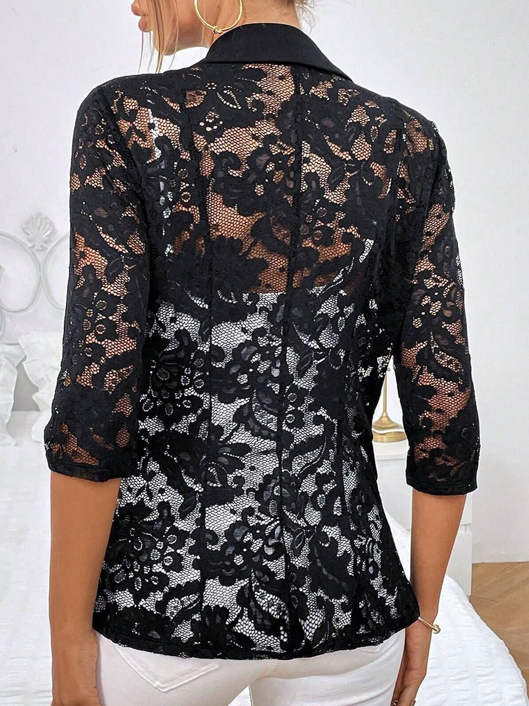 Black Lace Sleeve Blazer with Button Closure