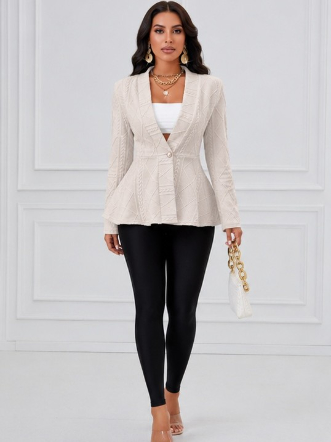 Cream Textured Button-Front Peplum Blazer