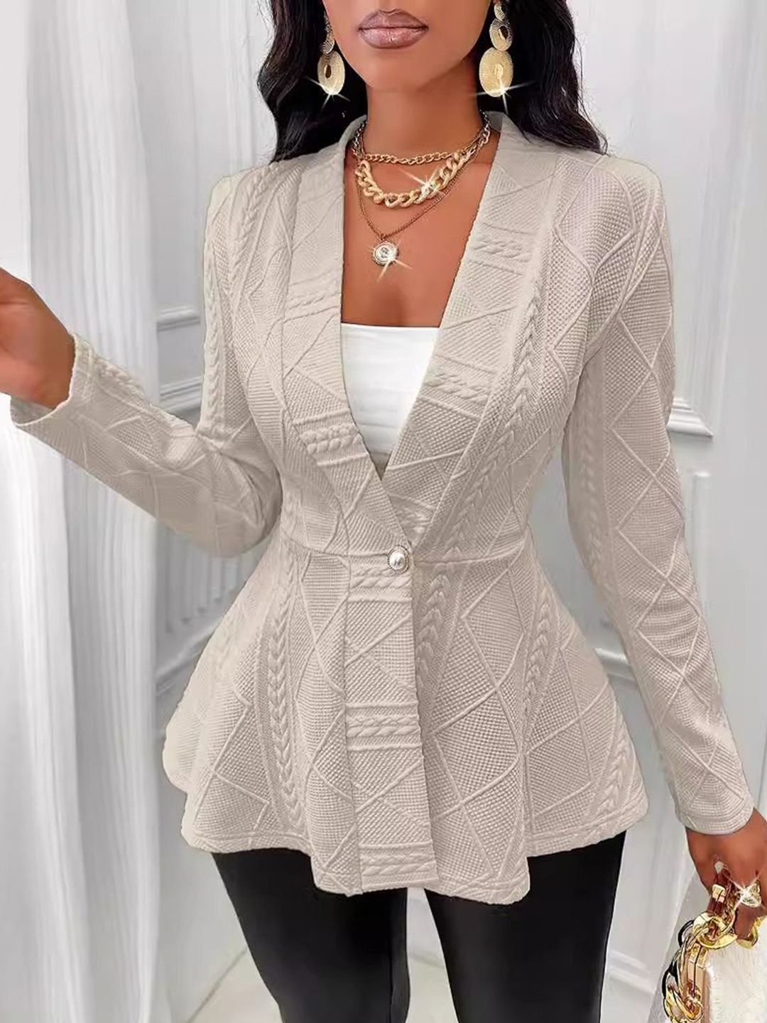 Cream Textured Button-Front Peplum Blazer