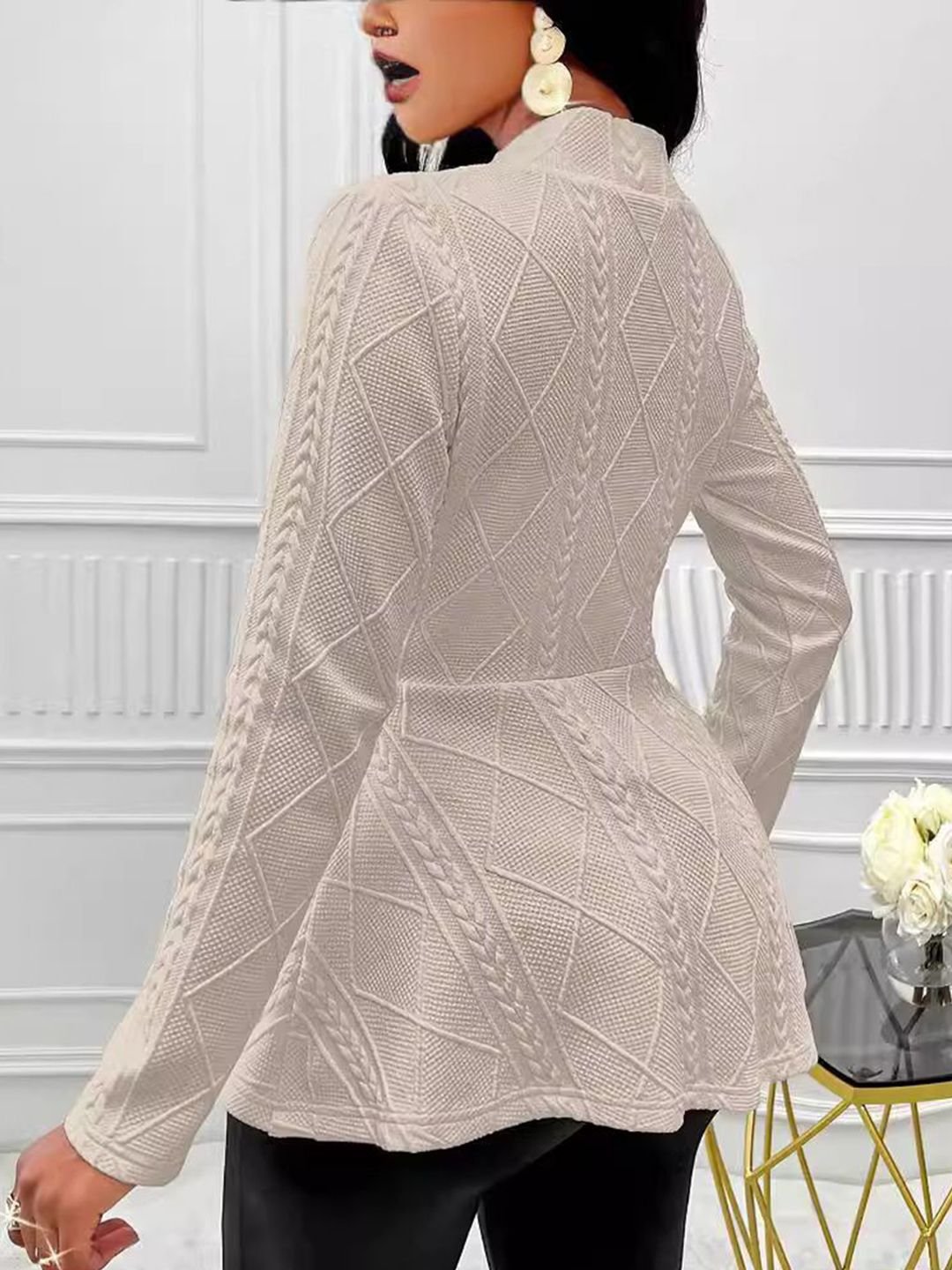 Cream Textured Button-Front Peplum Blazer