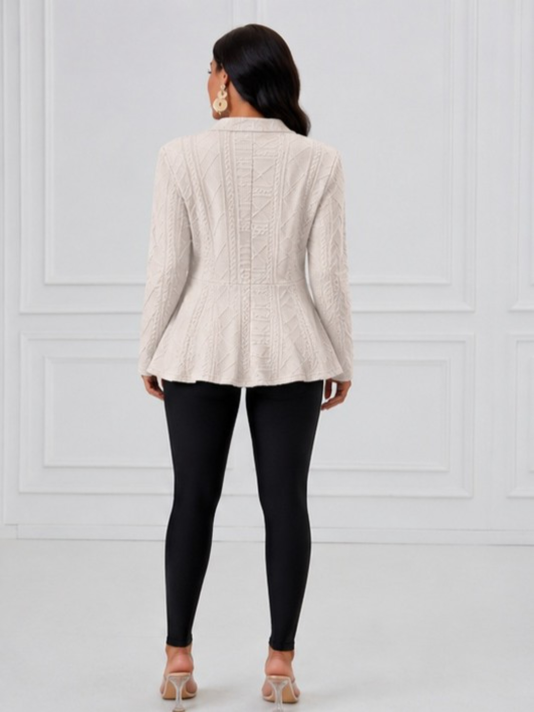 Cream Textured Button-Front Peplum Blazer