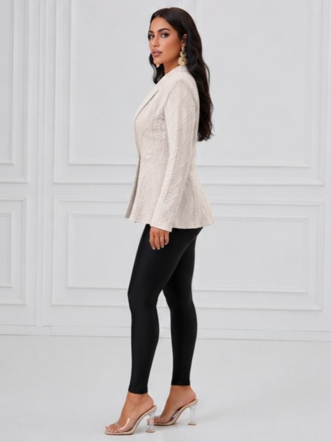 Cream Textured Button-Front Peplum Blazer