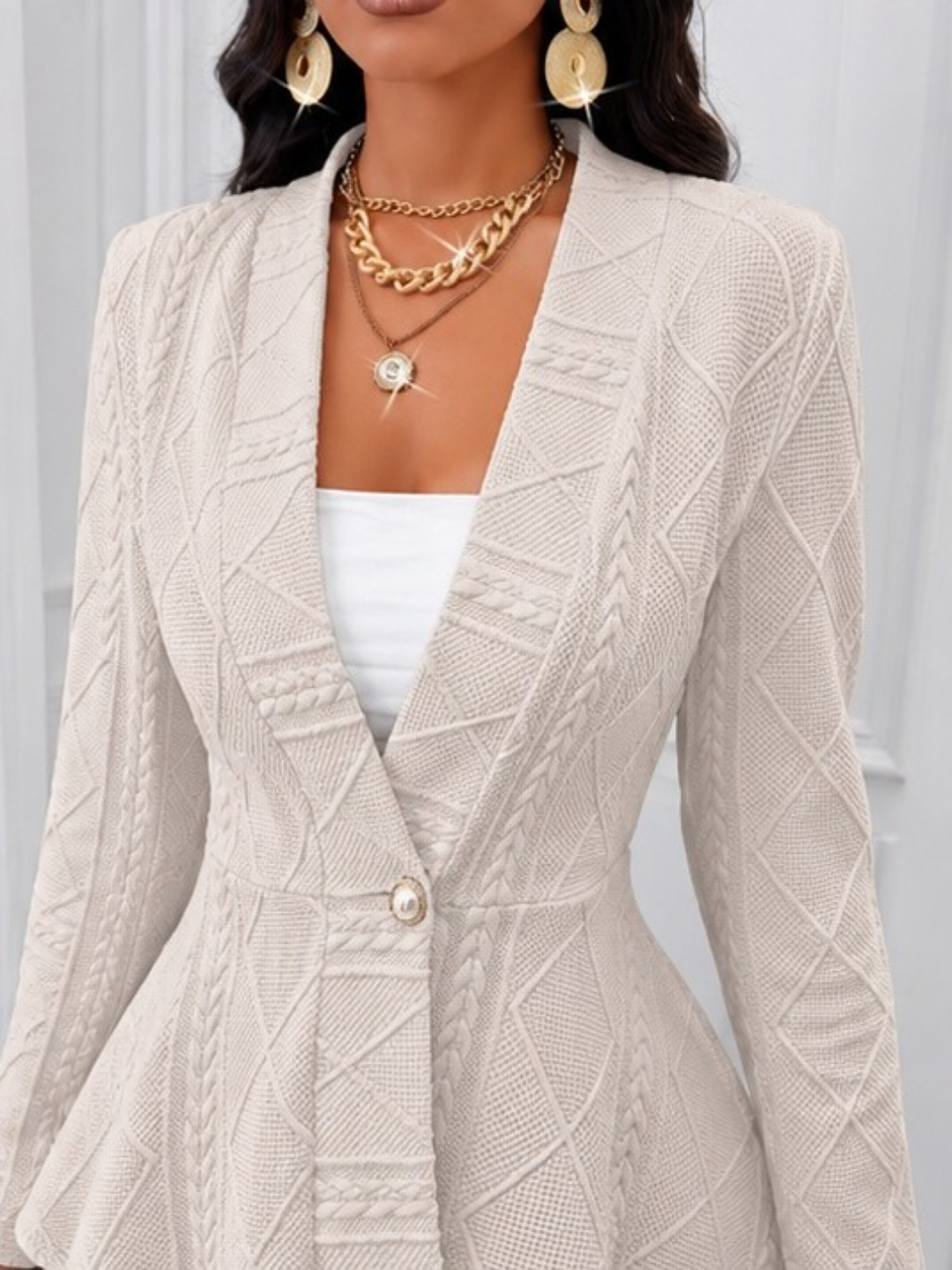 Cream Textured Button-Front Peplum Blazer