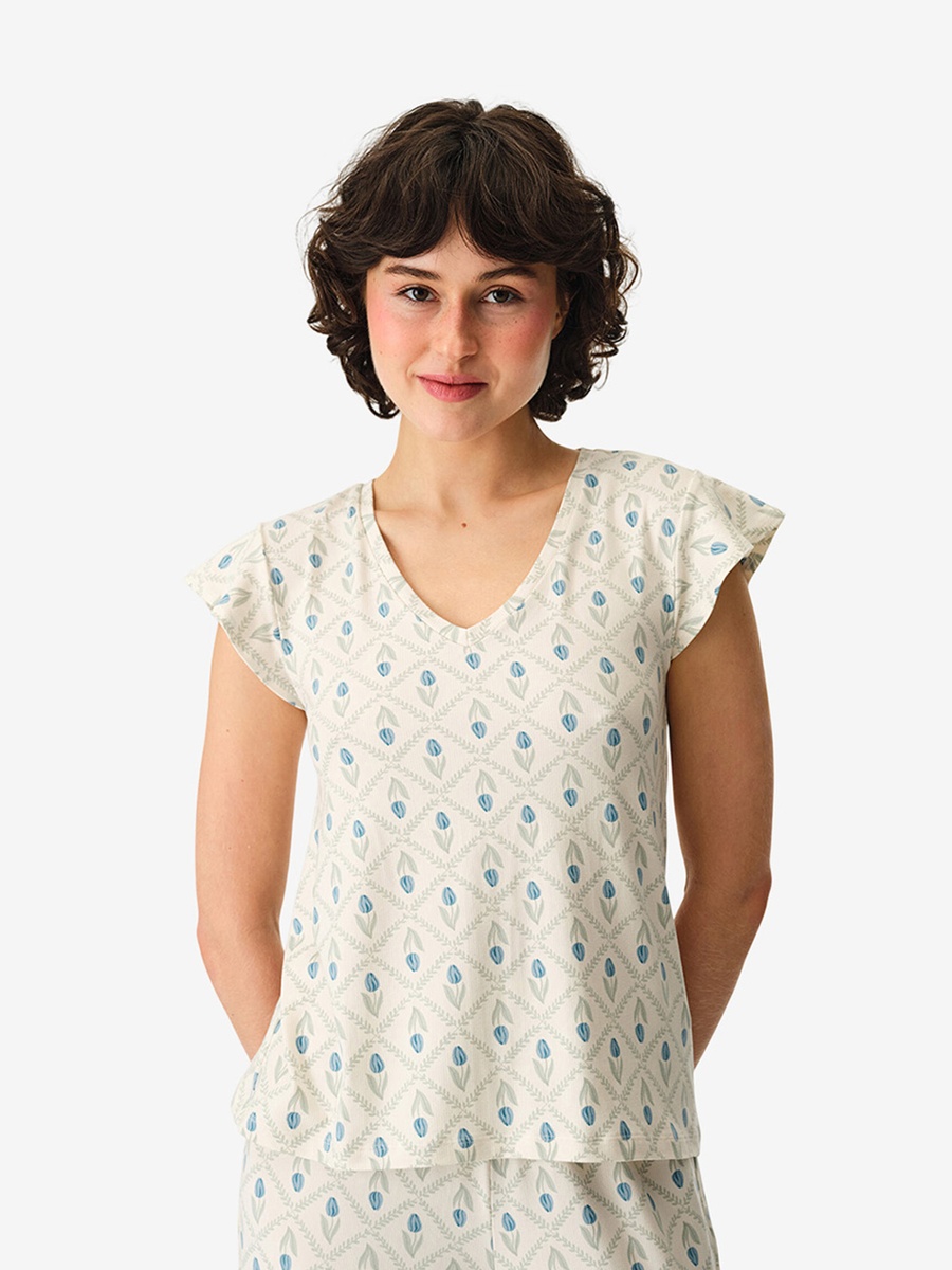 Beige Short Sleeve Polyester Pyjama Set with Capri Pants