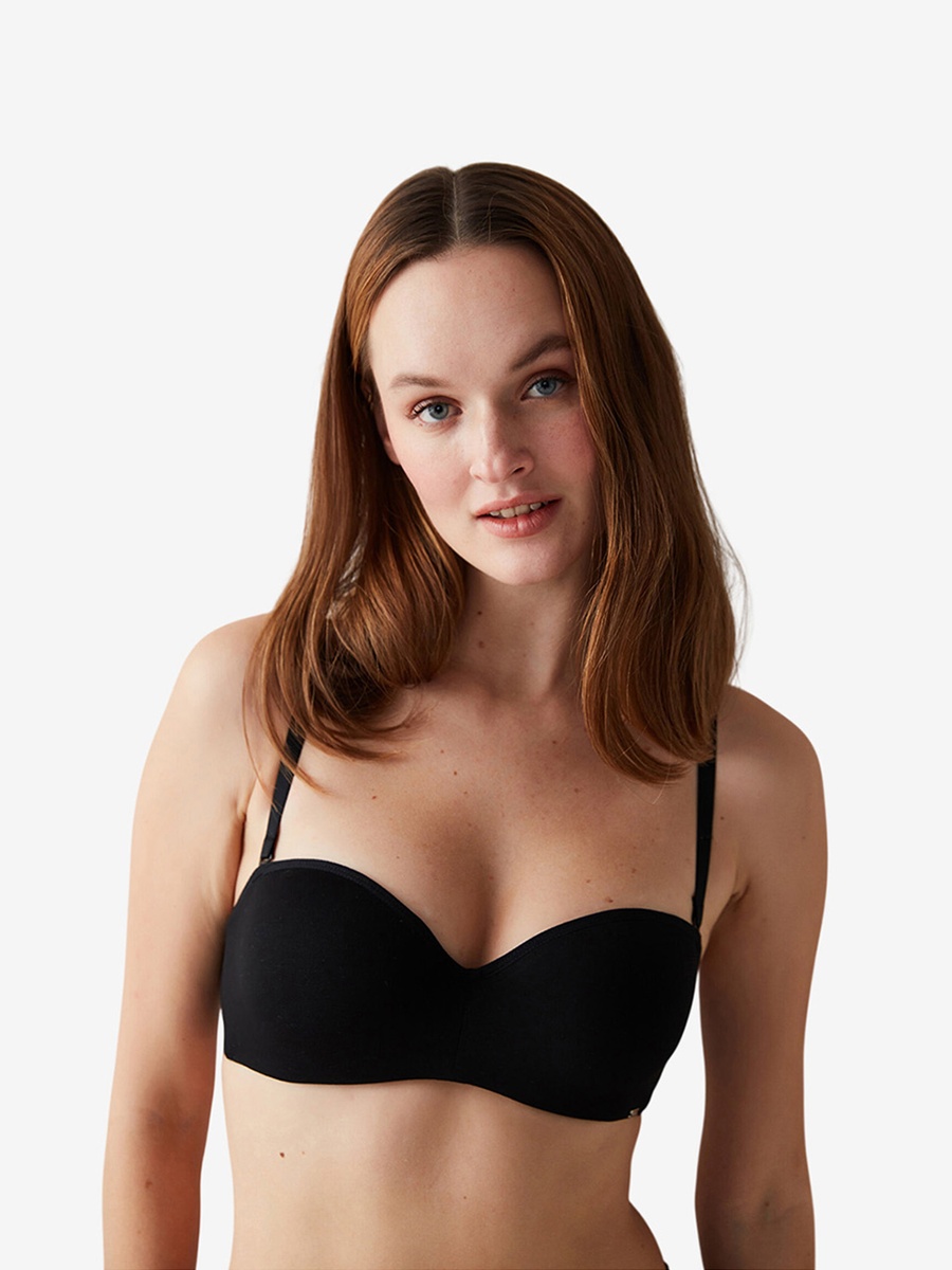 Black Medium Coverage Padded Push-Up Underwire Cotton Strapless Bra