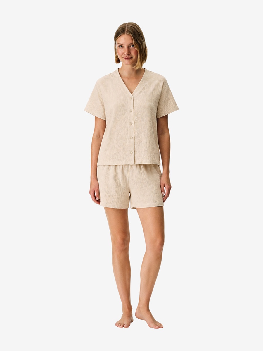 Beige Short Sleeve Cotton Pyjama Set with Shorts