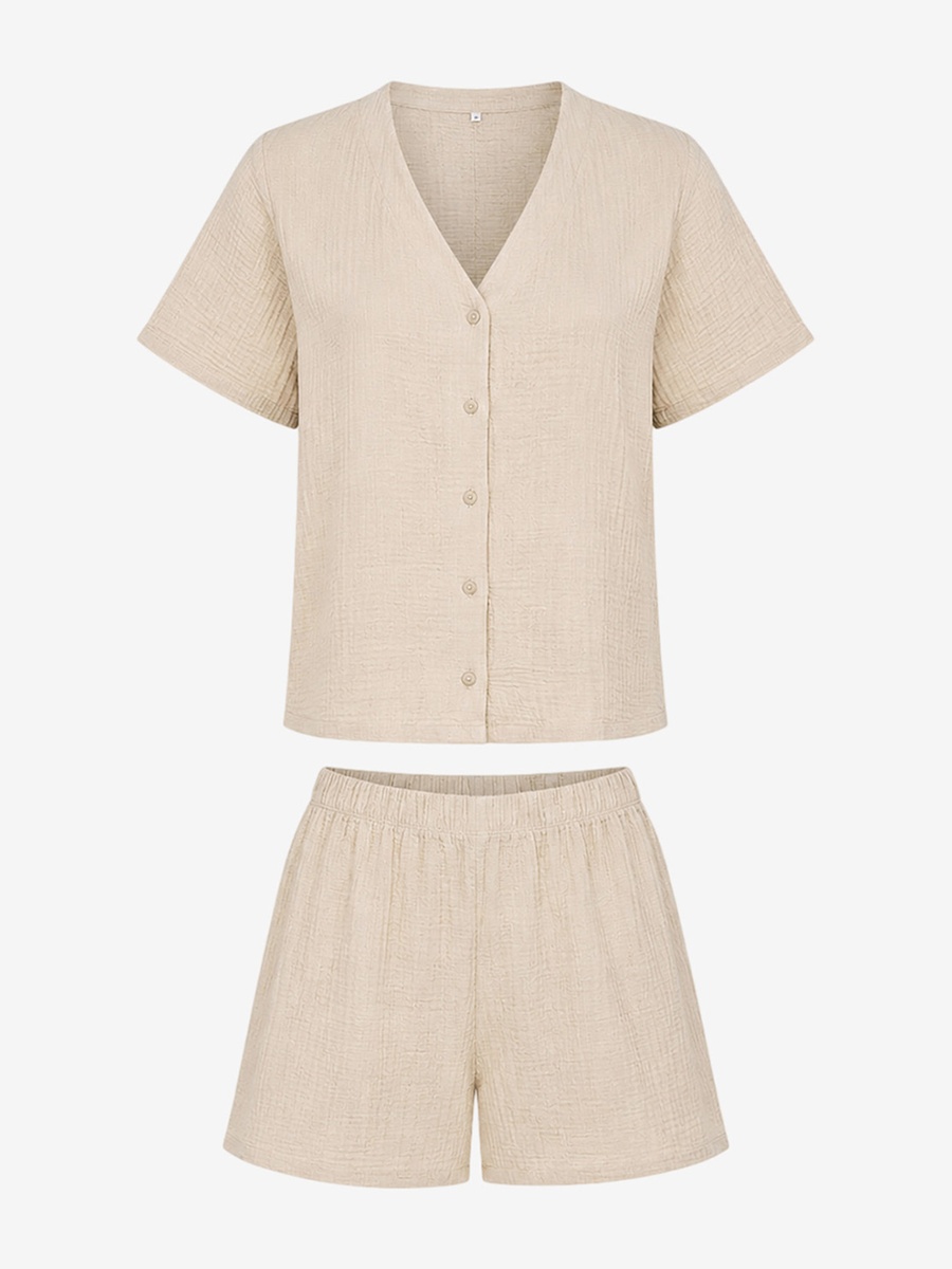 Beige Short Sleeve Cotton Pyjama Set with Shorts