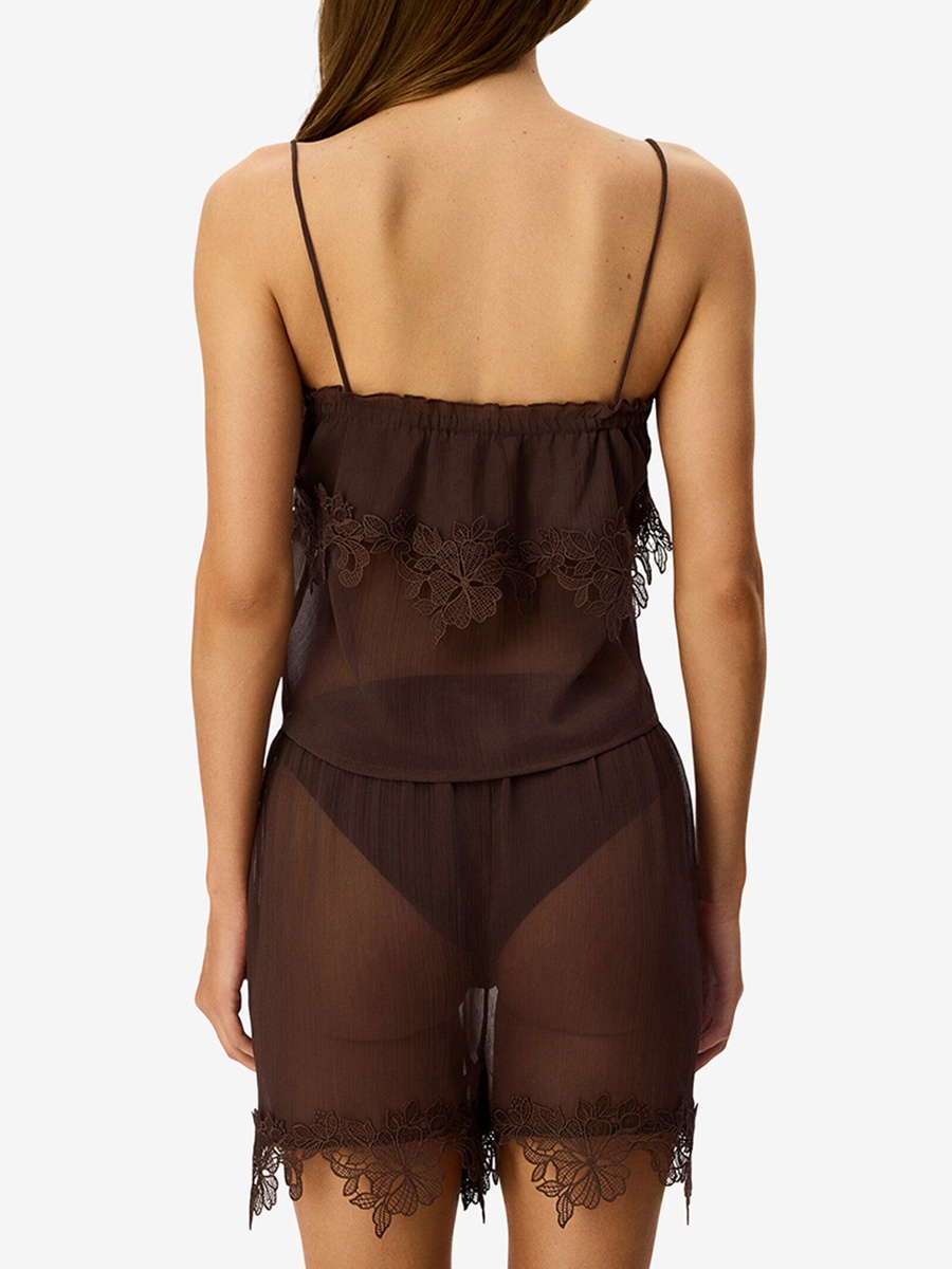 Brown Sleeveless Polyester Pyjama Set with Shorts