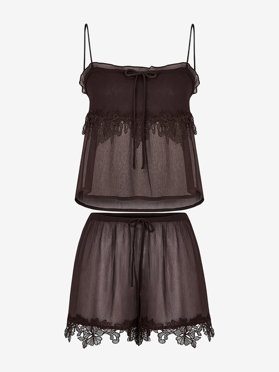 Brown Sleeveless Polyester Pyjama Set with Shorts