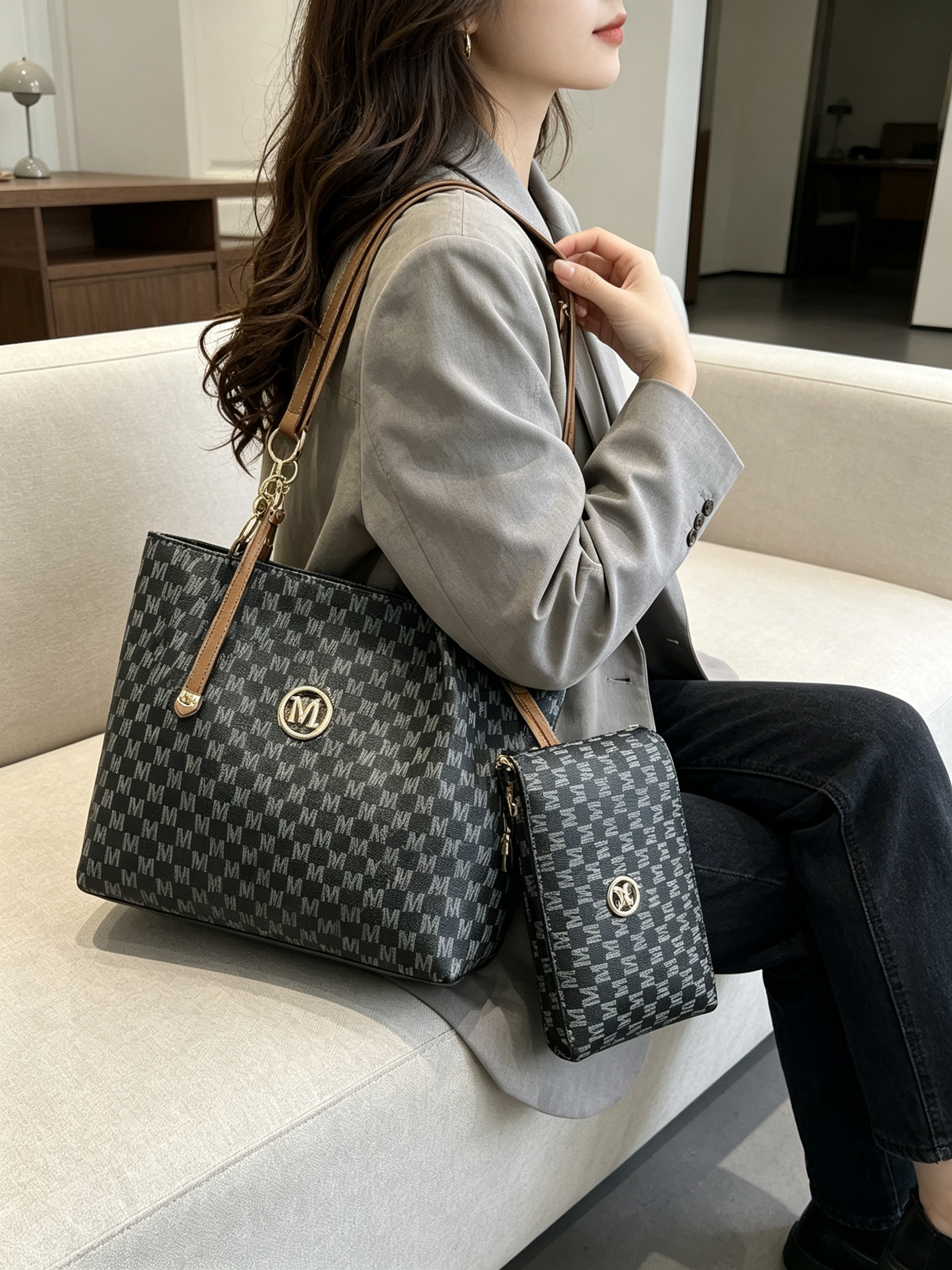 Black Monogram Shoulder Bag with Pendant