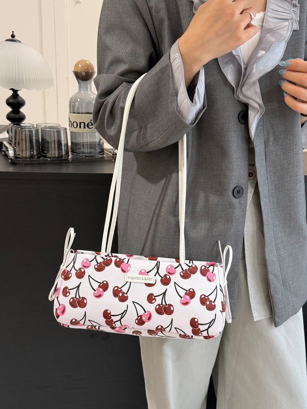 White Cherry Print Shoulder Bag