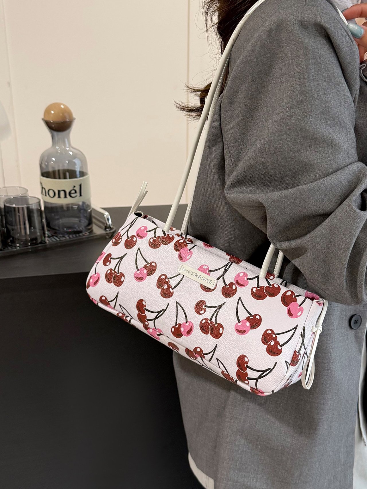 White Cherry Print Shoulder Bag